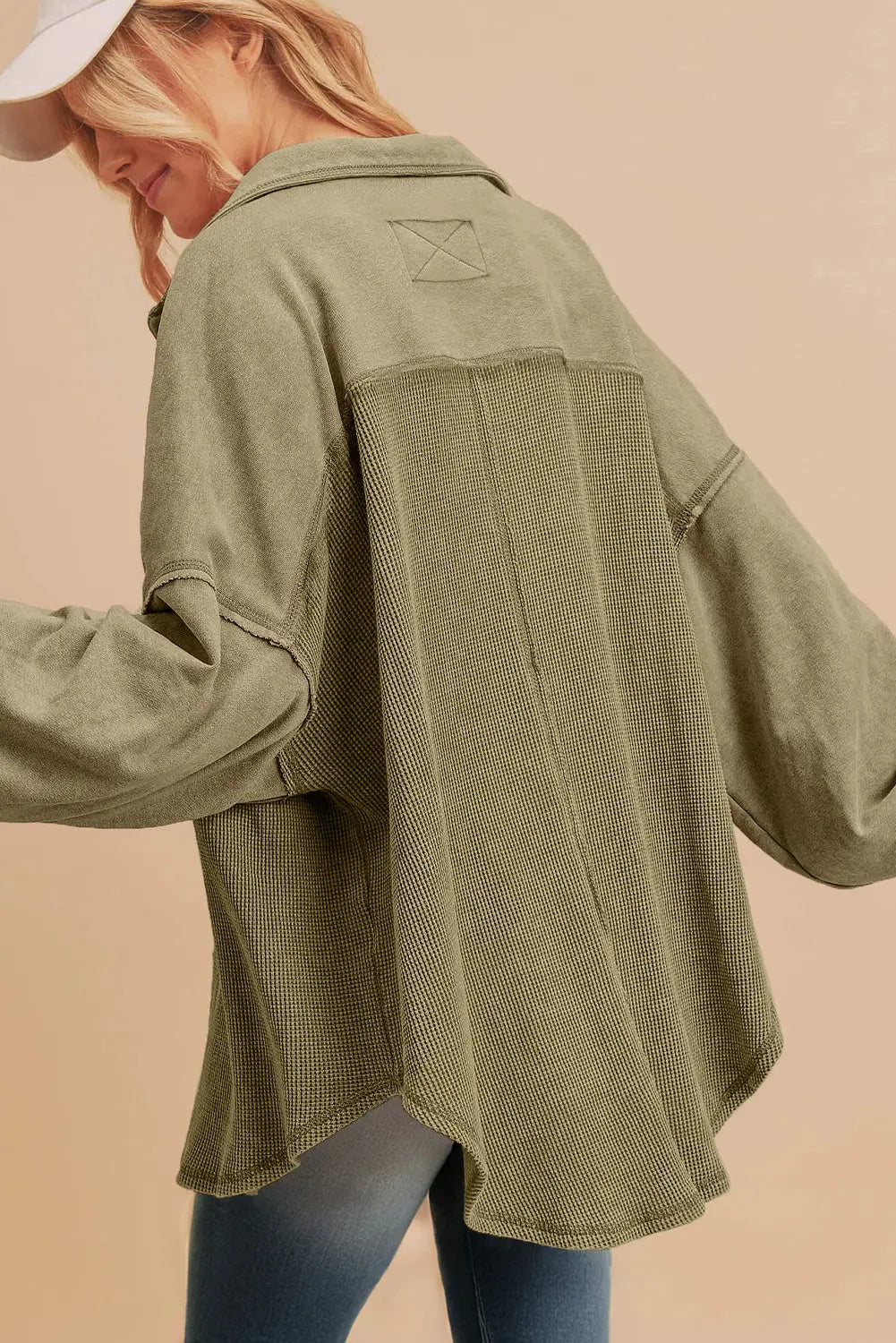 Black Waffle Knit Patchwork Buttoned Oversized Shacket eAura