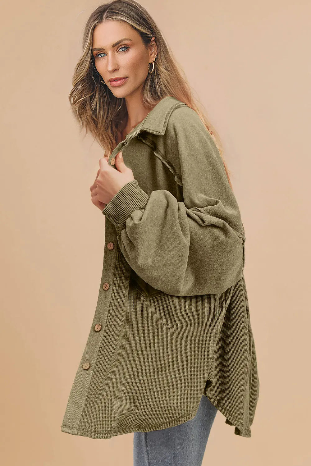 Black Waffle Knit Patchwork Buttoned Oversized Shacket eAura