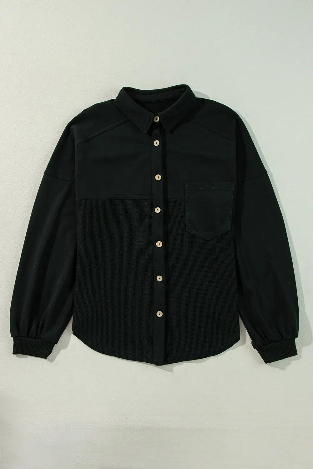 Black Waffle Knit Patchwork Buttoned Oversized Shacket eAura