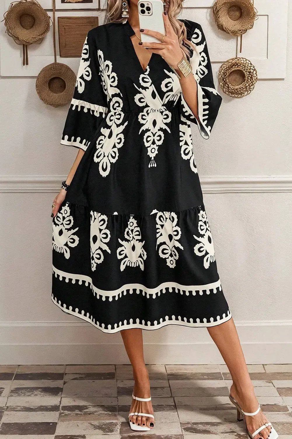 Western Geometric Print 3 4 Sleeve Loose Midi Dress