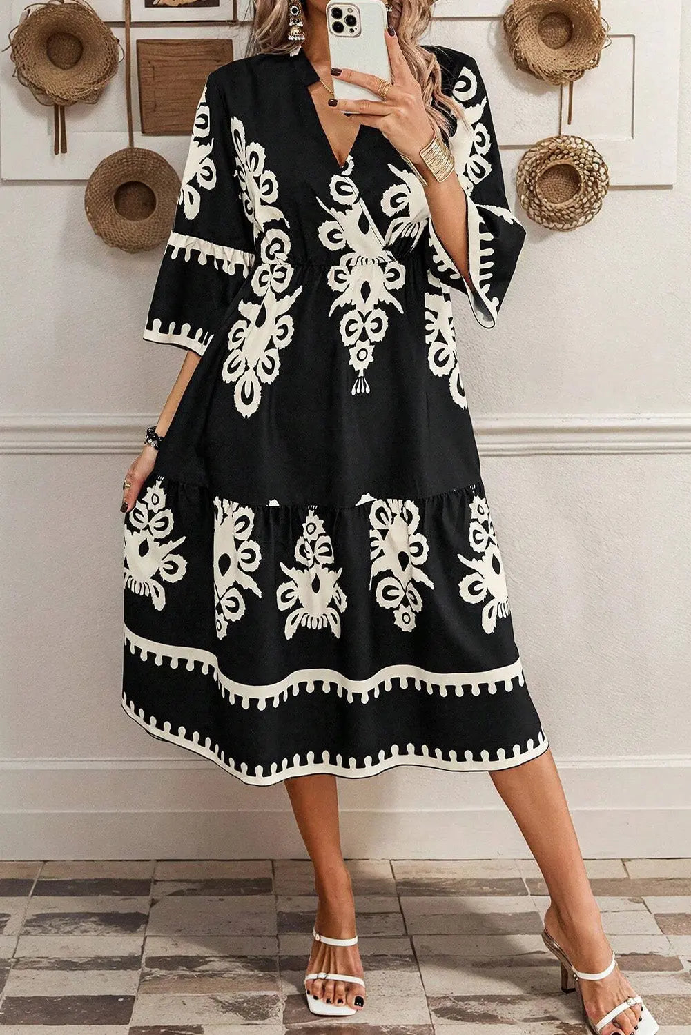 Black Western Geometric Print 3/4 Sleeve Loose Midi Dress Beagle Boutique Fashion Outlet