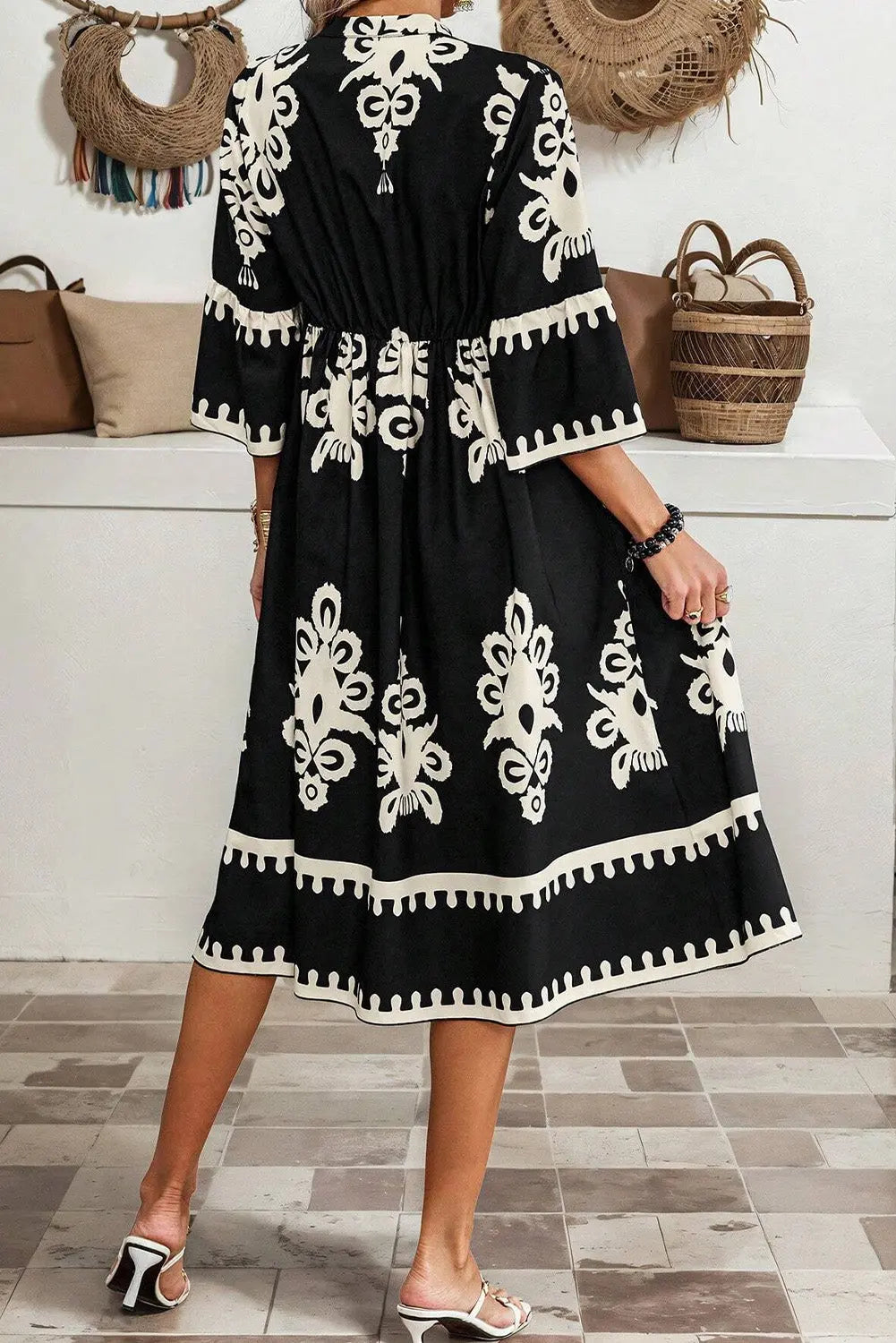 Black Western Geometric Print 3/4 Sleeve Loose Midi Dress Beagle Boutique Fashion Outlet