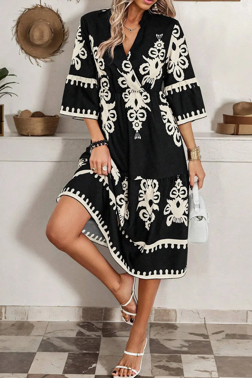 Black Western Geometric Print 3/4 Sleeve Loose Midi Dress Beagle Boutique Fashion Outlet
