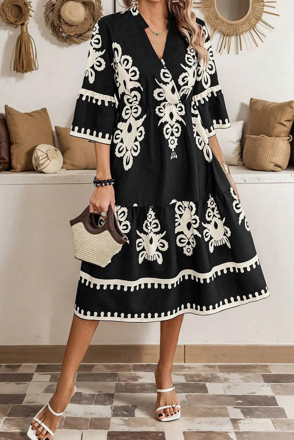 Black Western Geometric Print 3/4 Sleeve Loose Midi Dress Beagle Boutique Fashion Outlet