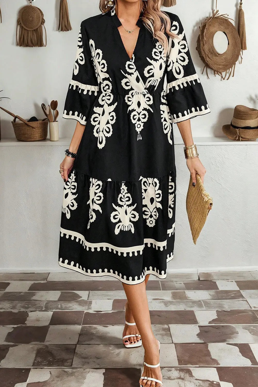 Black Western Geometric Print 3/4 Sleeve Loose Midi Dress Beagle Boutique Fashion Outlet