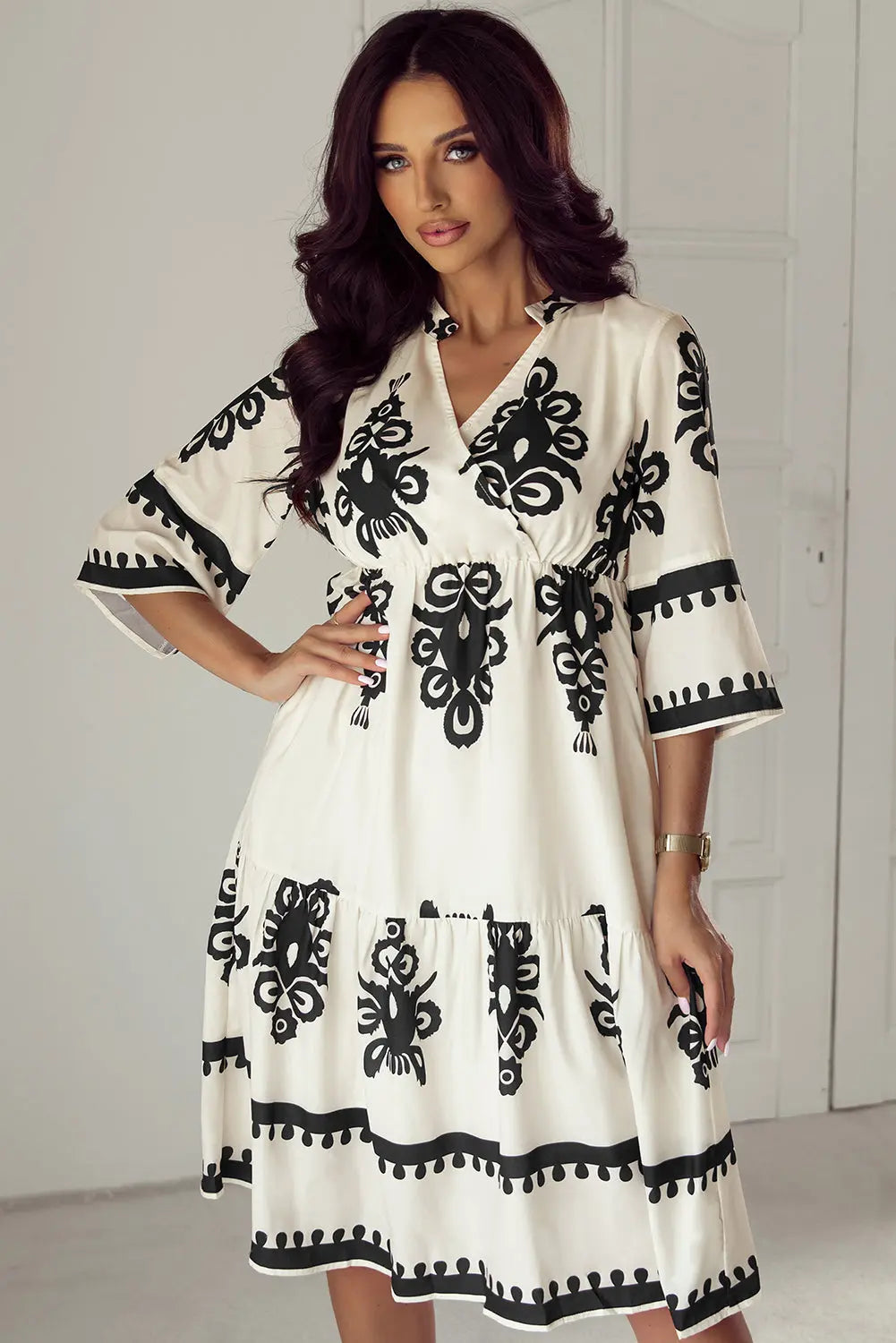 Black Western Geometric Print 3/4 Sleeve Loose Midi Dress Beagle Boutique Fashion Outlet