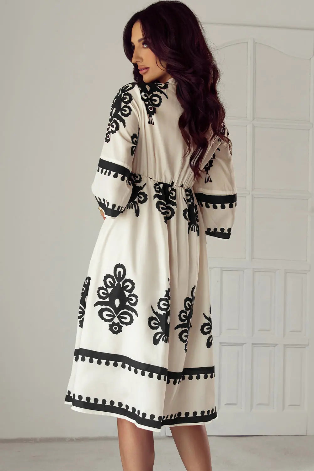 Black Western Geometric Print 3/4 Sleeve Loose Midi Dress Beagle Boutique Fashion Outlet