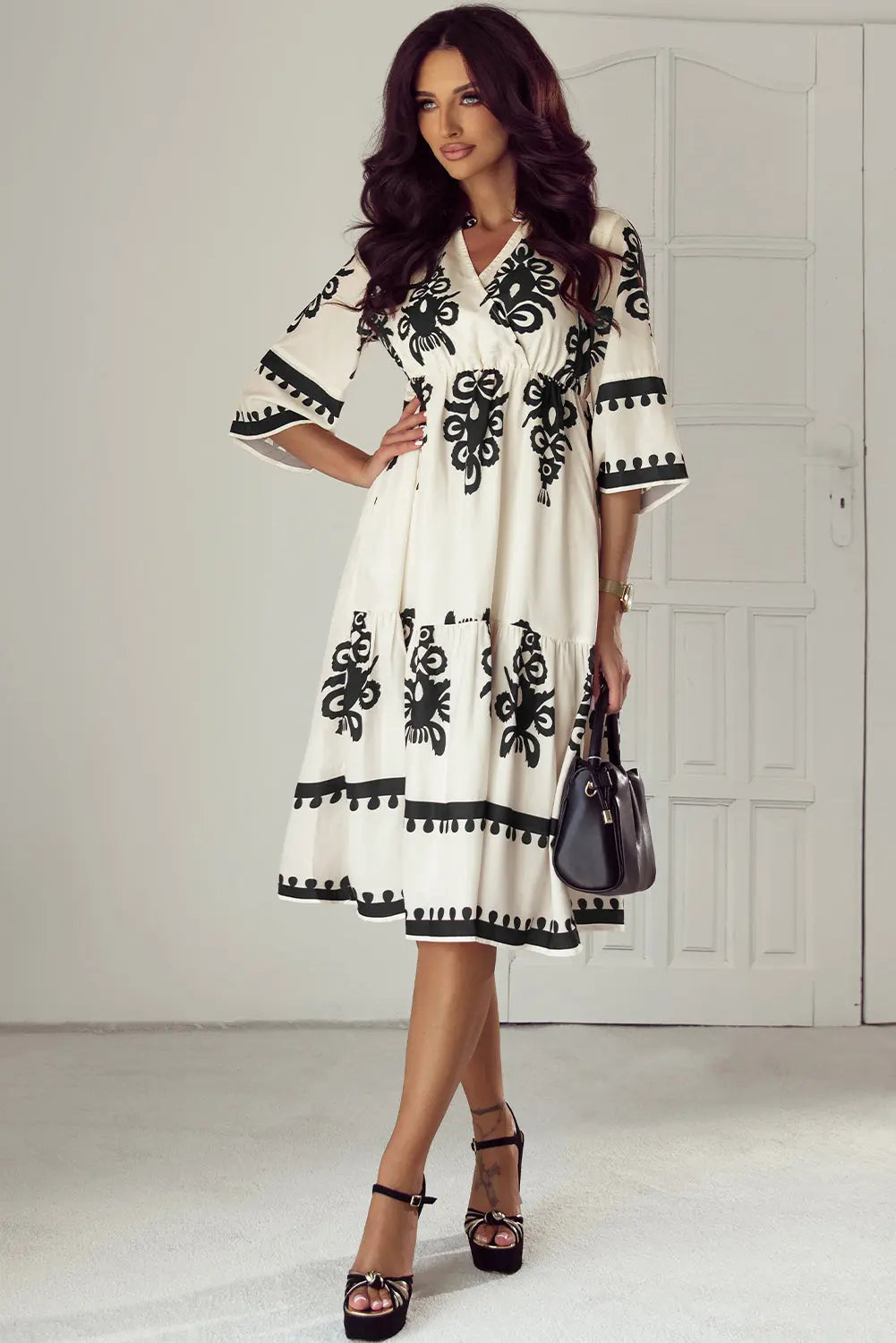 Black Western Geometric Print 3/4 Sleeve Loose Midi Dress Beagle Boutique Fashion Outlet
