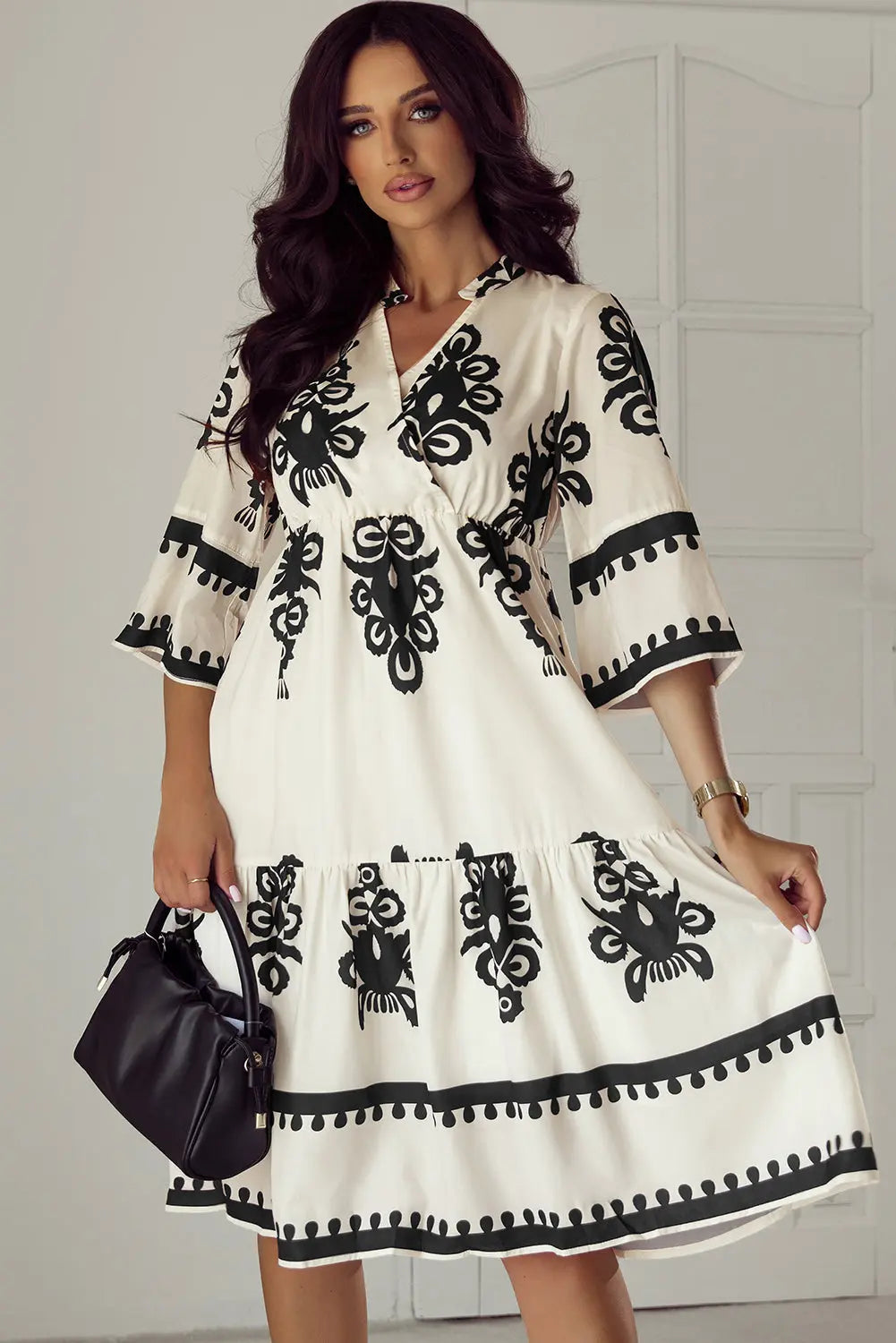 Black Western Geometric Print 3/4 Sleeve Loose Midi Dress Beagle Boutique Fashion Outlet