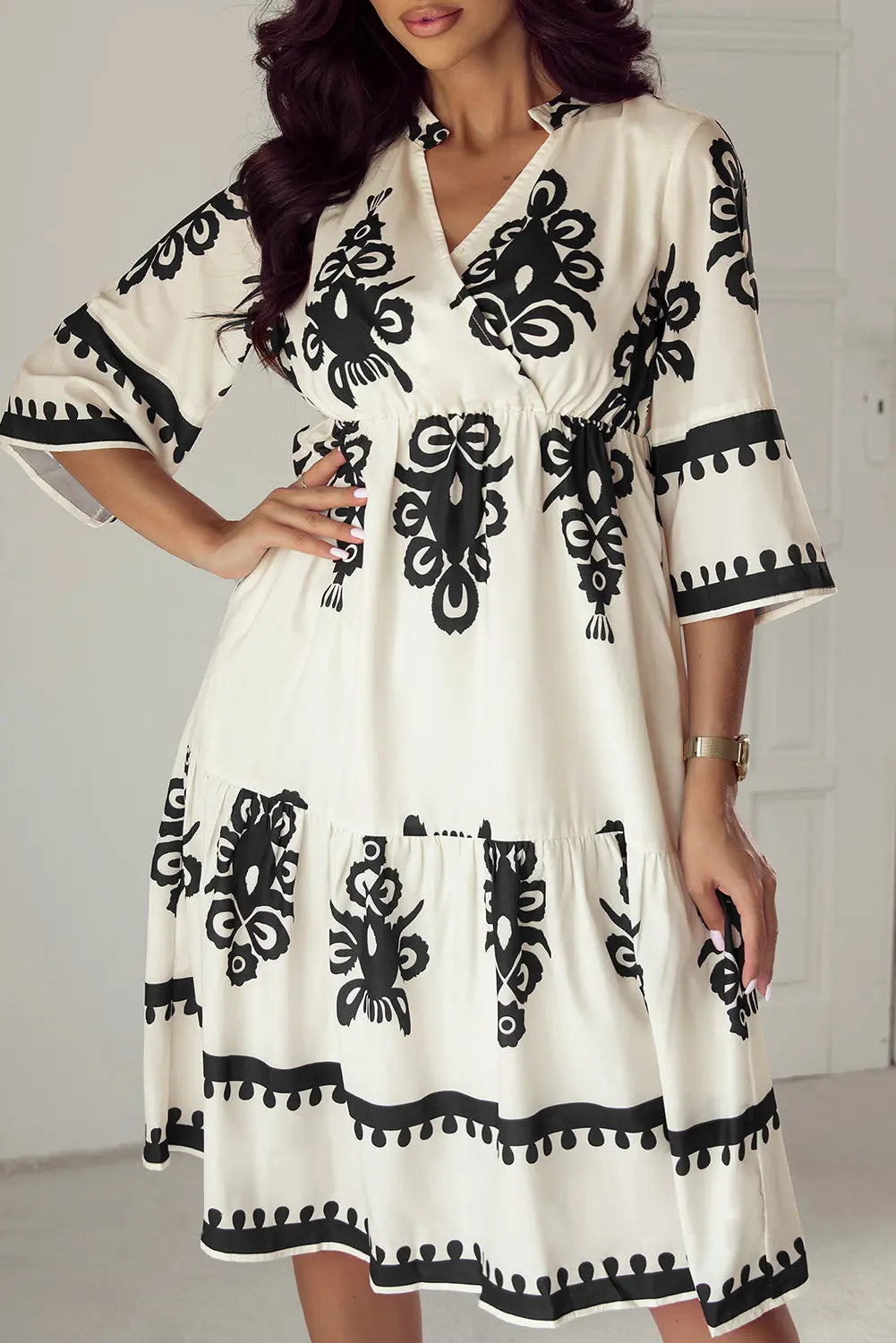 Black Western Geometric Print 3/4 Sleeve Loose Midi Dress Beagle Boutique Fashion Outlet
