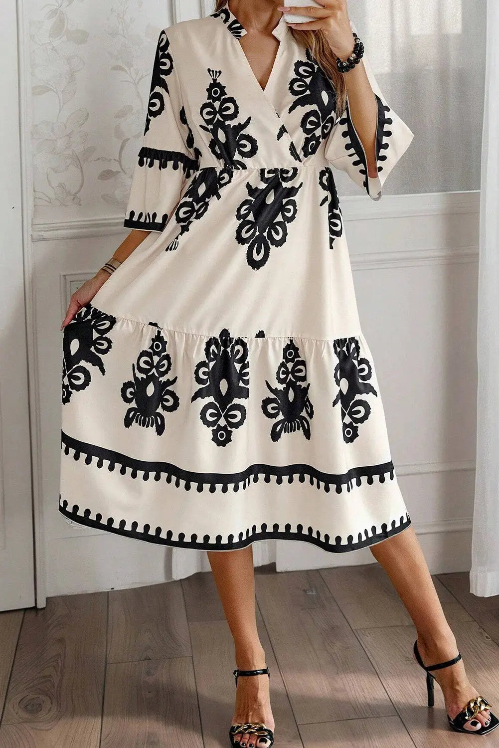 Black Western Geometric Print 3/4 Sleeve Loose Midi Dress Beagle Boutique Fashion Outlet
