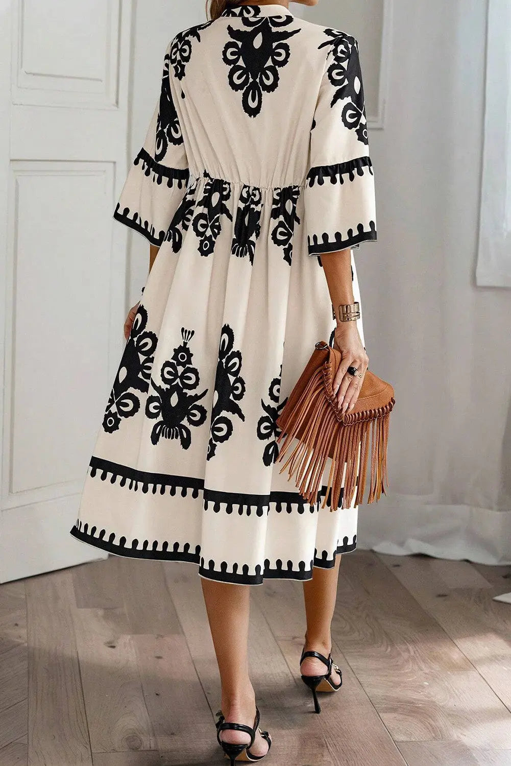 Black Western Geometric Print 3/4 Sleeve Loose Midi Dress Beagle Boutique Fashion Outlet