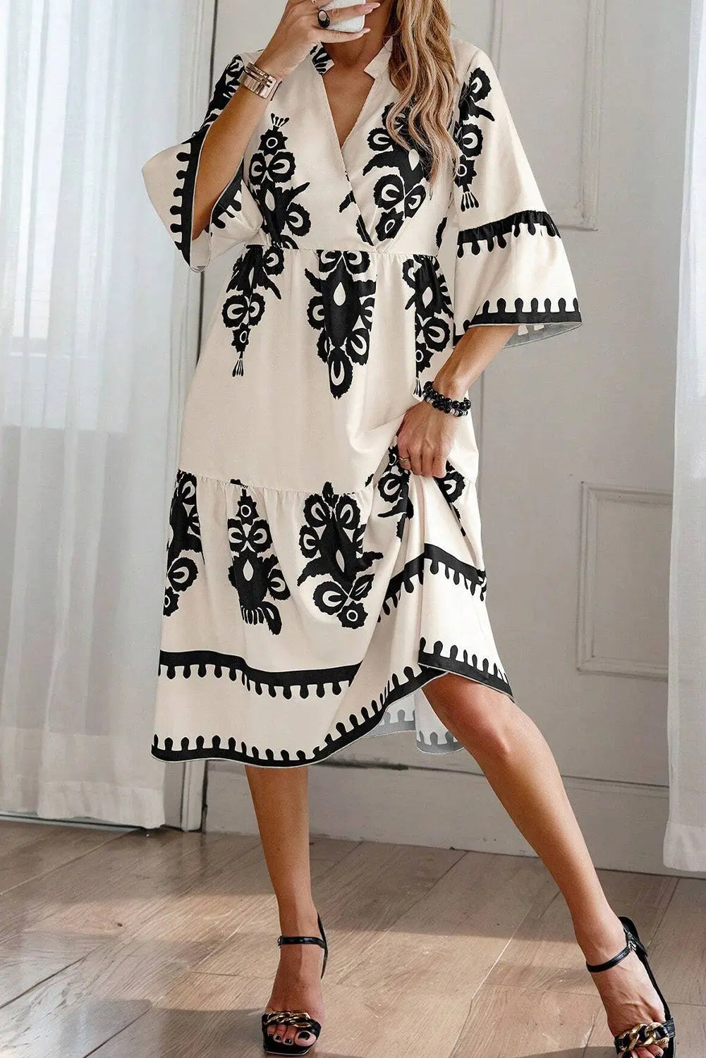 Black Western Geometric Print 3/4 Sleeve Loose Midi Dress Beagle Boutique Fashion Outlet