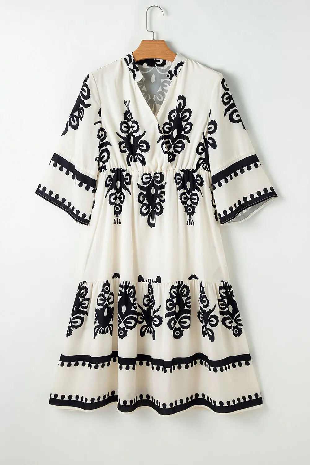 Black Western Geometric Print 3/4 Sleeve Loose Midi Dress Beagle Boutique Fashion Outlet