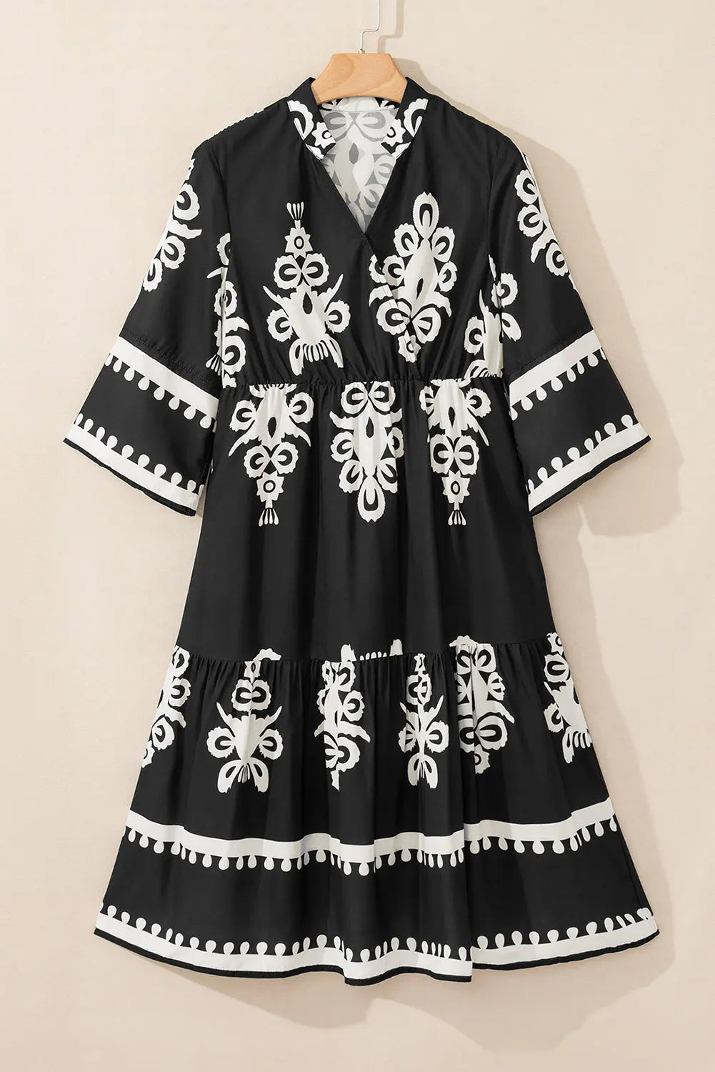 Black Western Geometric Print 3/4 Sleeve Loose Midi Dress Beagle Boutique Fashion Outlet