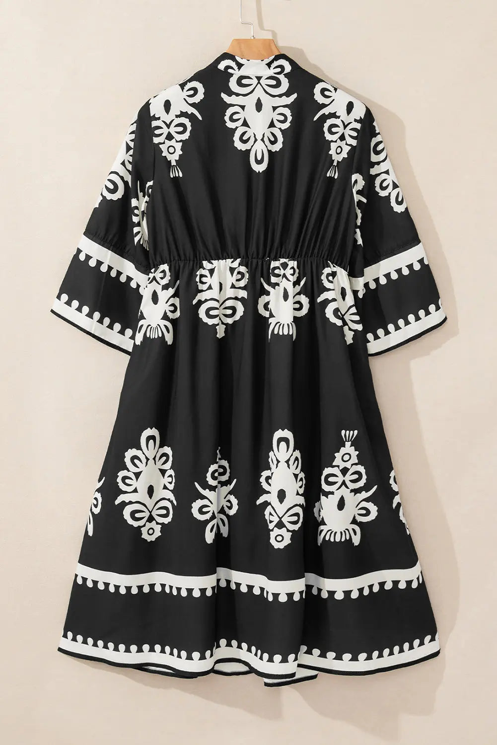 Black Western Geometric Print 3/4 Sleeve Loose Midi Dress Beagle Boutique Fashion Outlet