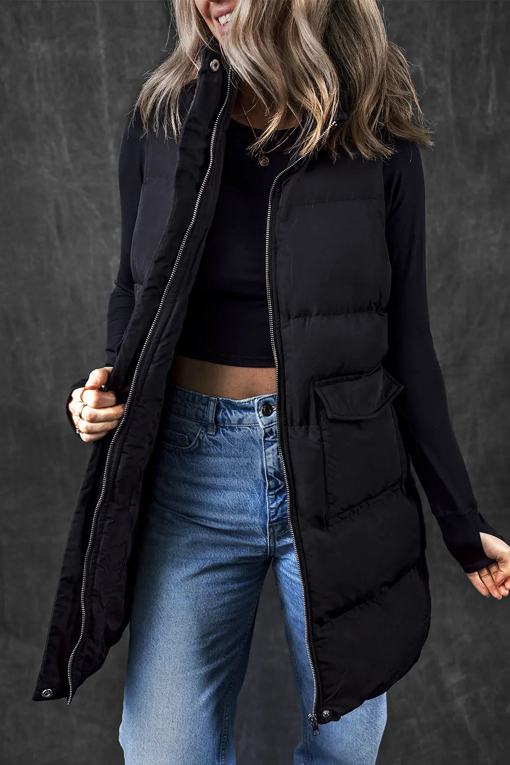 Black Windproof Longline Full Zipper Puffer Gilet with Pockets - BB Fashion Outlet