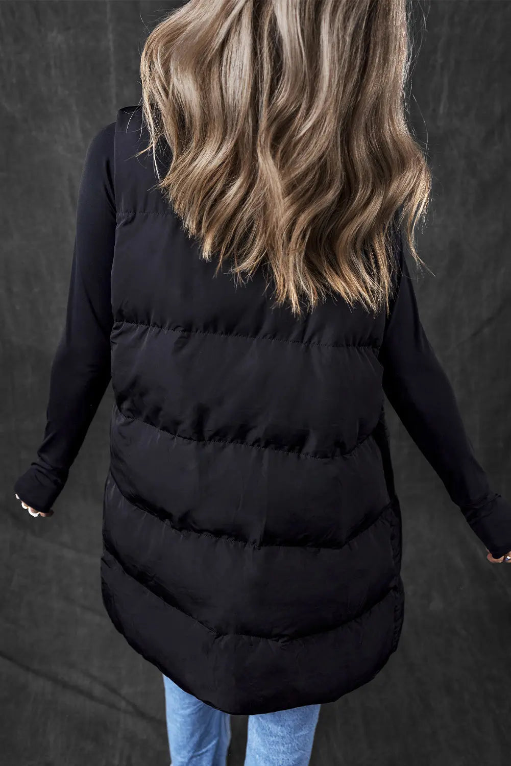 Black Windproof Longline Full Zipper Puffer Gilet with Pockets - BB Fashion Outlet