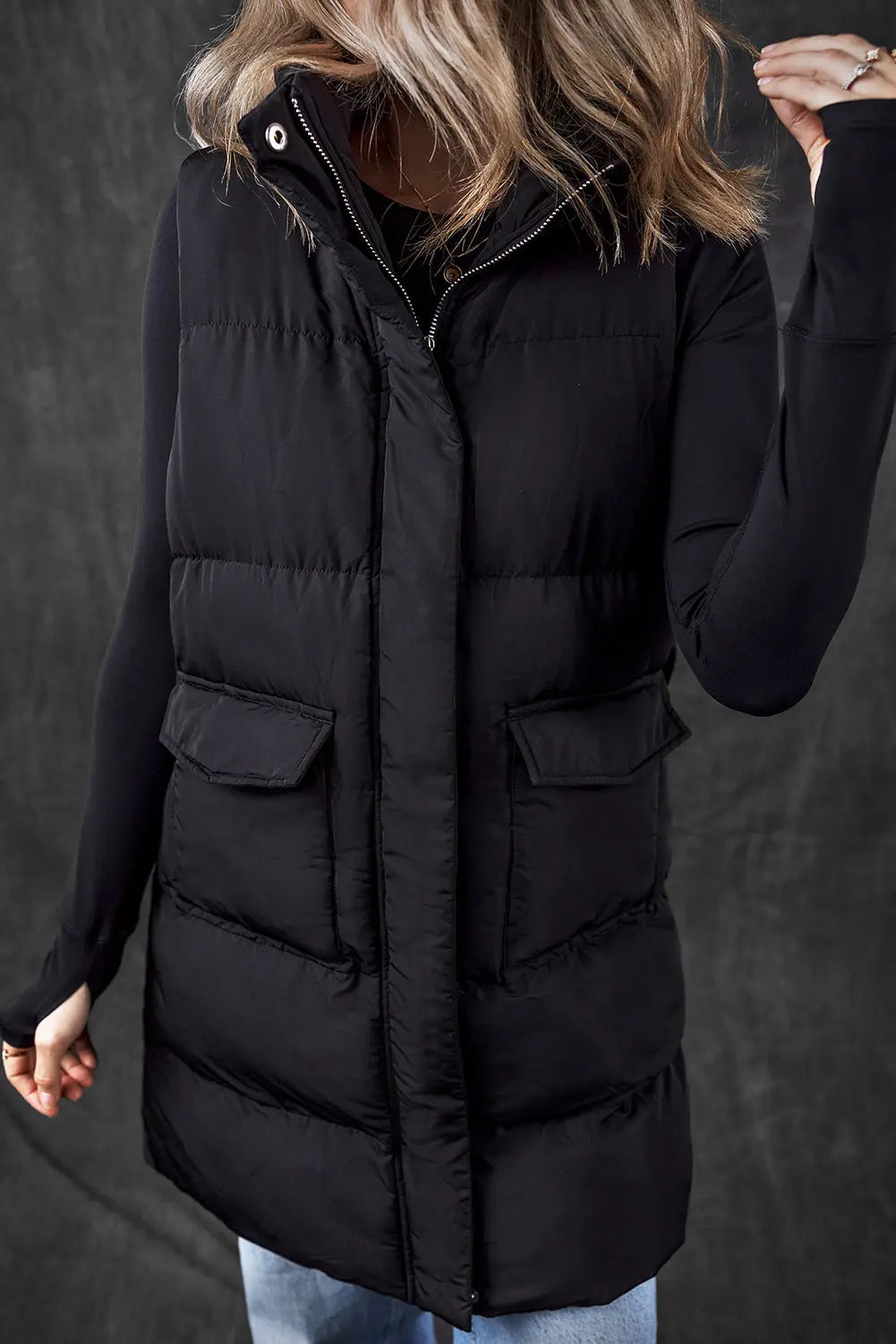Black Windproof Longline Full Zipper Puffer Gilet with Pockets - BB Fashion Outlet