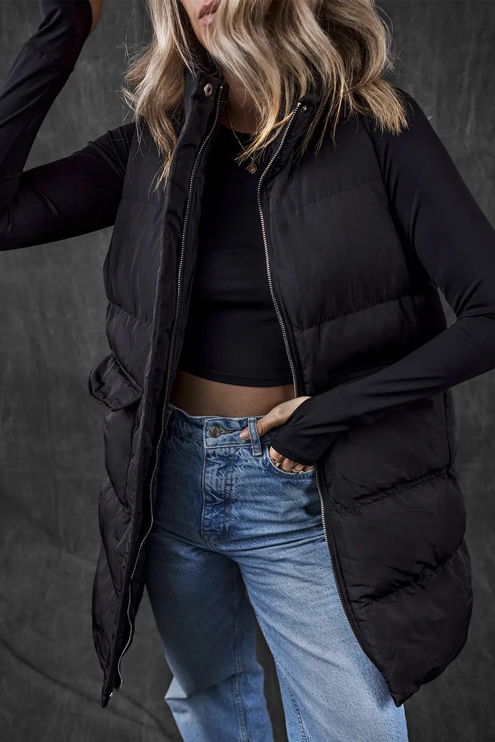 Black Windproof Longline Full Zipper Puffer Gilet with Pockets - BB Fashion Outlet