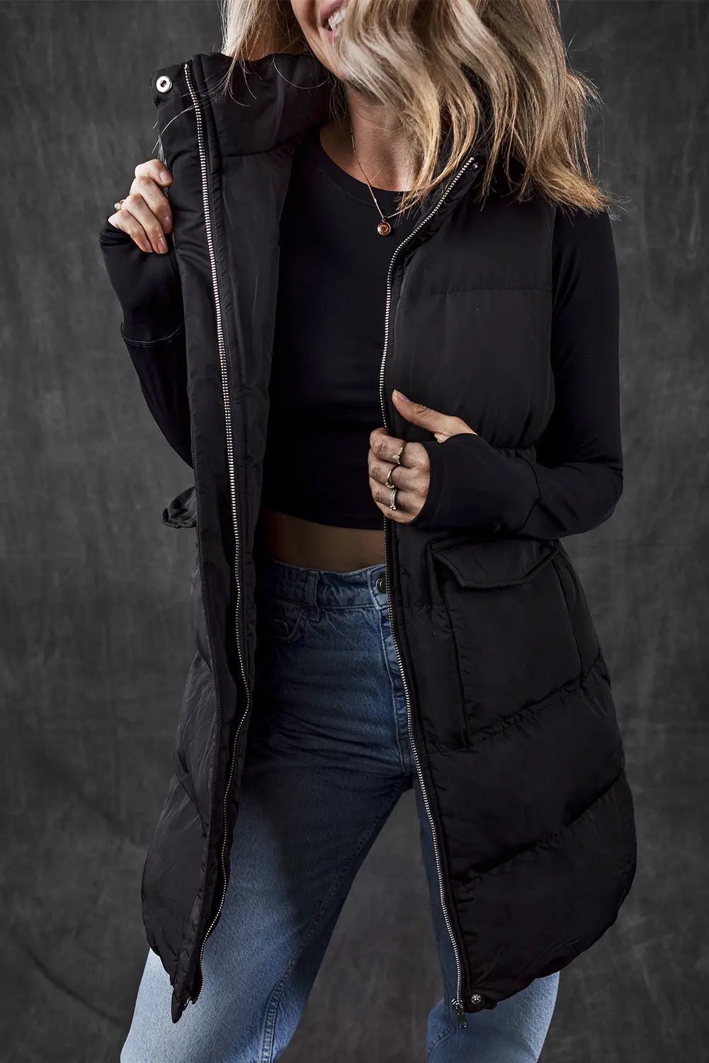 Black Windproof Longline Full Zipper Puffer Gilet with Pockets - BB Fashion Outlet