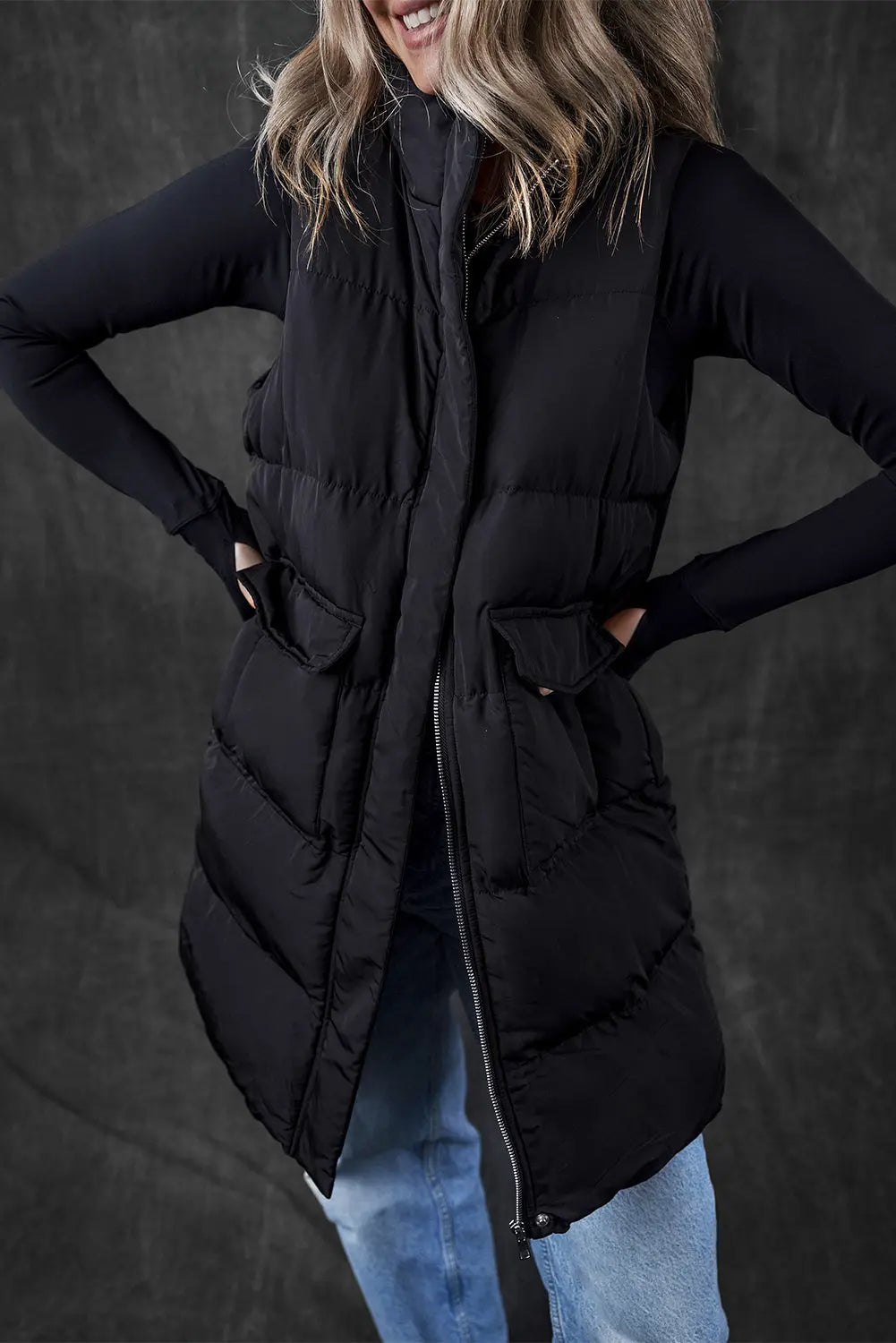 Black Windproof Longline Full Zipper Puffer Gilet with Pockets - BB Fashion Outlet