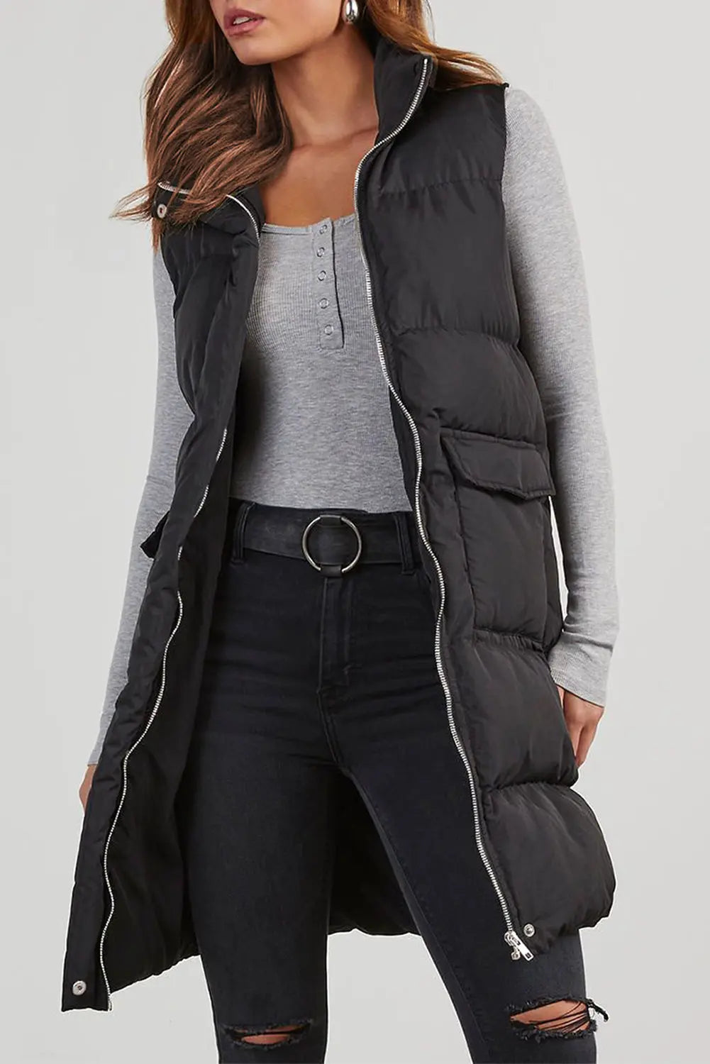 Black Windproof Longline Full Zipper Puffer Gilet with Pockets - BB Fashion Outlet