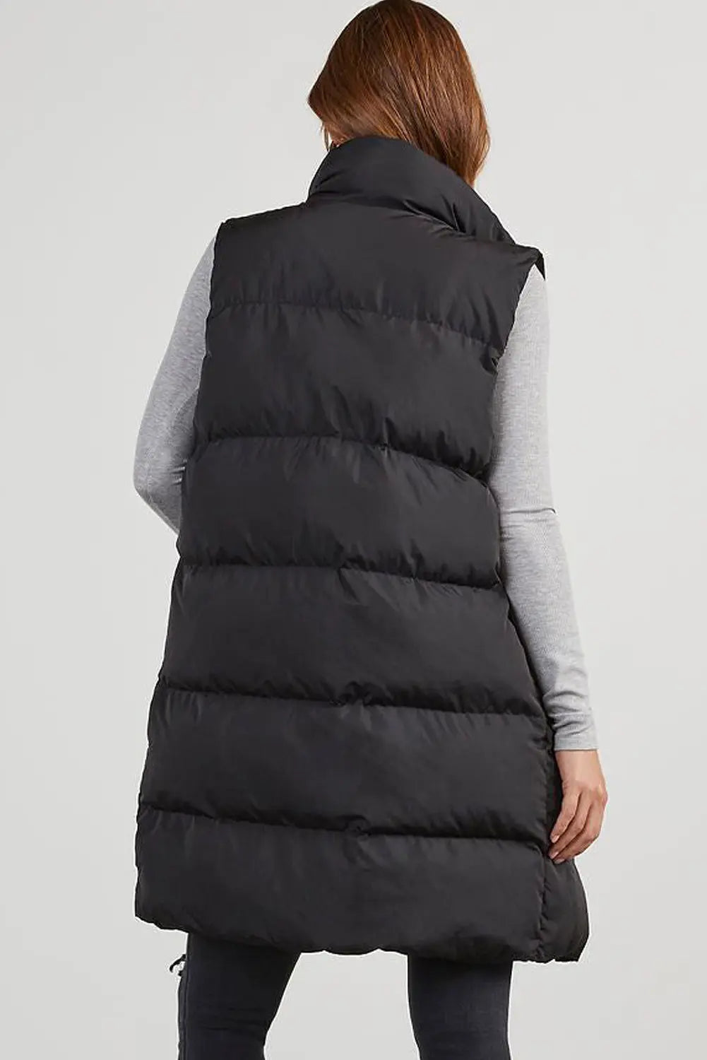 Black Windproof Longline Full Zipper Puffer Gilet with Pockets - BB Fashion Outlet