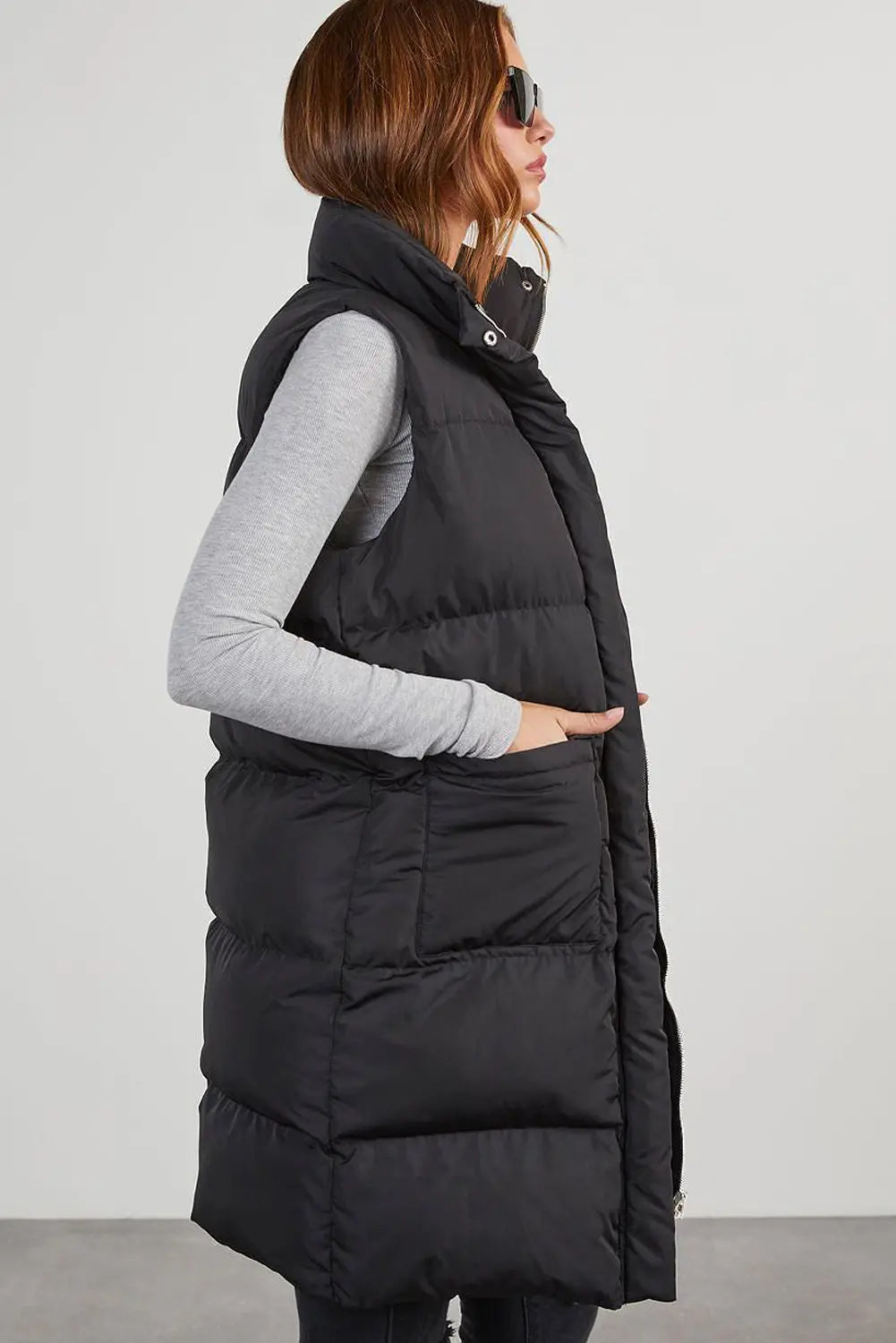 Black Windproof Longline Full Zipper Puffer Gilet with Pockets - BB Fashion Outlet
