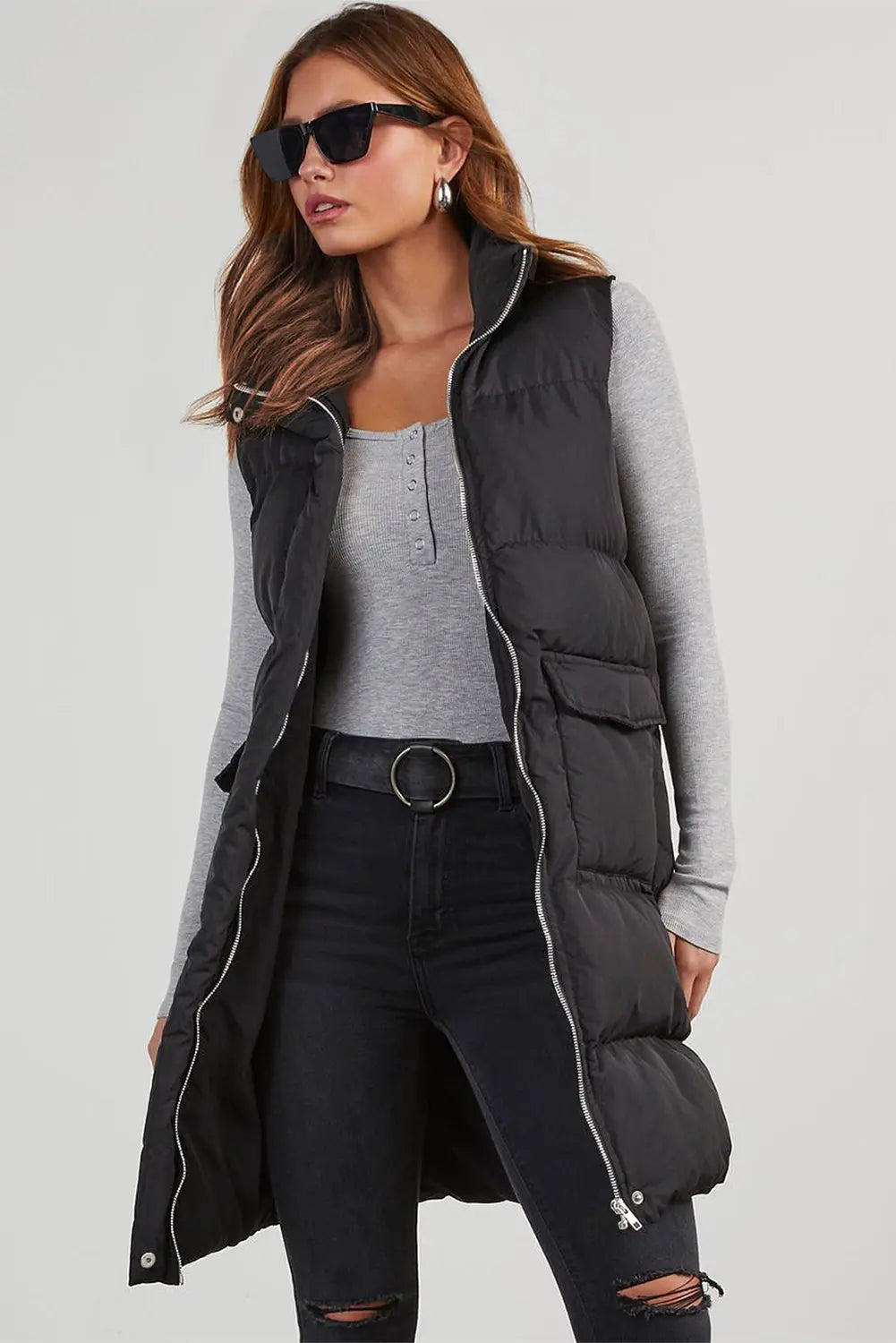 Black Windproof Longline Full Zipper Puffer Gilet with Pockets - BB Fashion Outlet