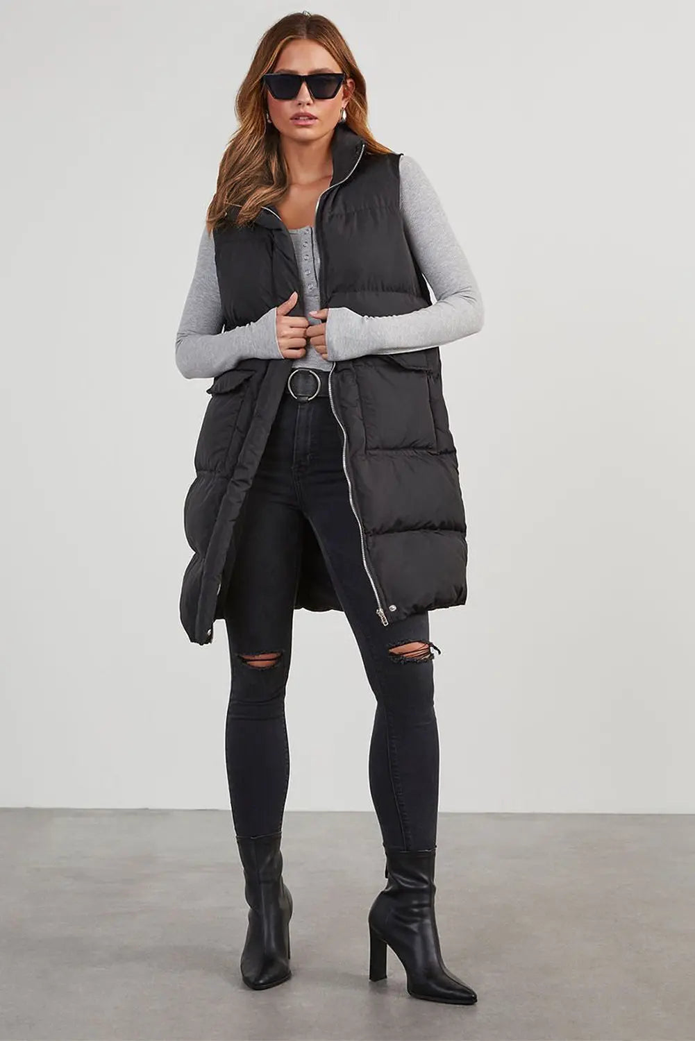 Black Windproof Longline Full Zipper Puffer Gilet with Pockets - BB Fashion Outlet