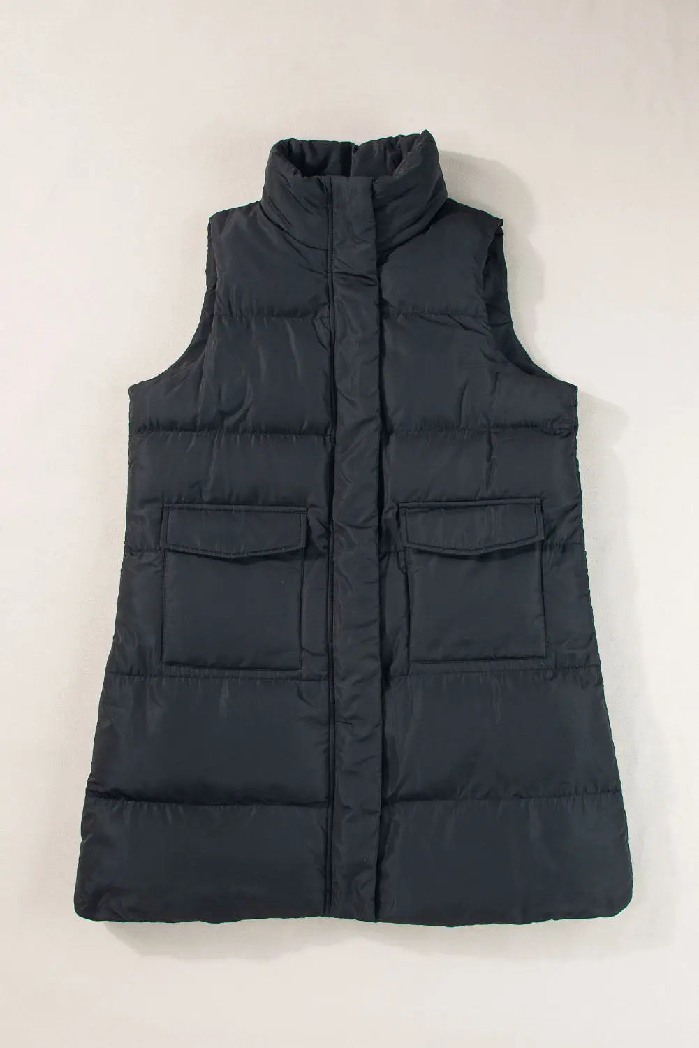 Black Windproof Longline Full Zipper Puffer Gilet with Pockets - BB Fashion Outlet