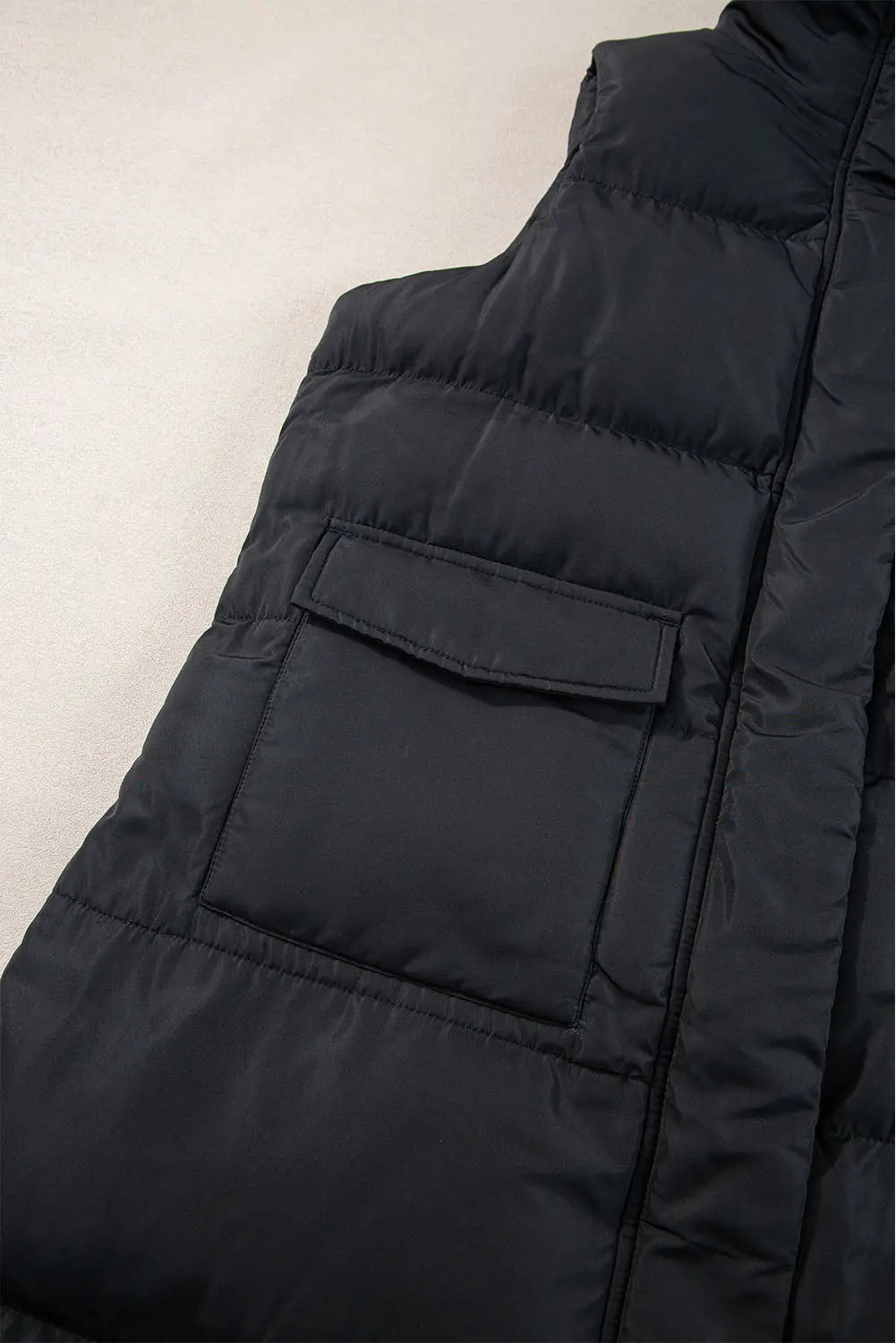 Black Windproof Longline Full Zipper Puffer Gilet with Pockets - BB Fashion Outlet