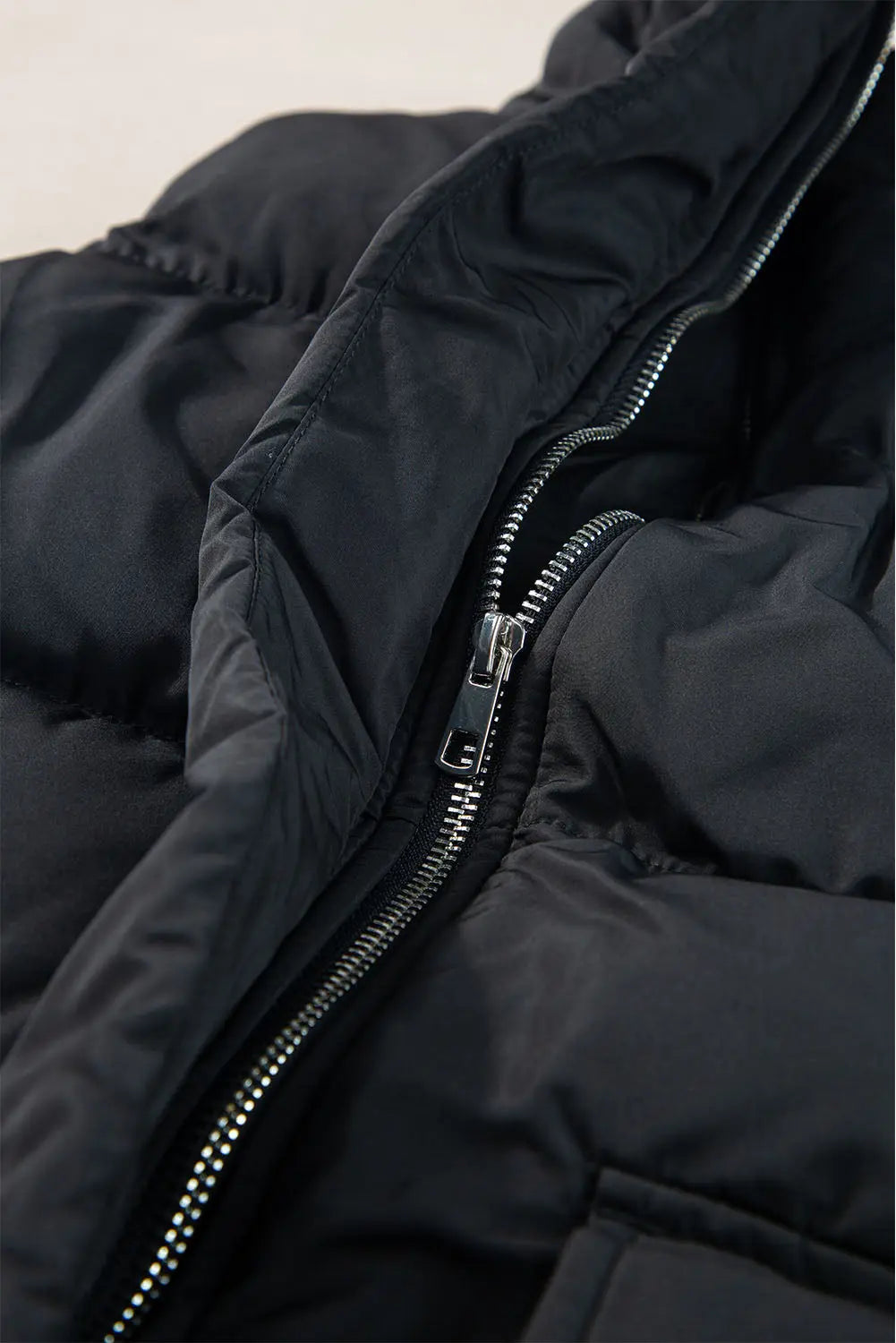 Black Windproof Longline Full Zipper Puffer Gilet with Pockets - BB Fashion Outlet