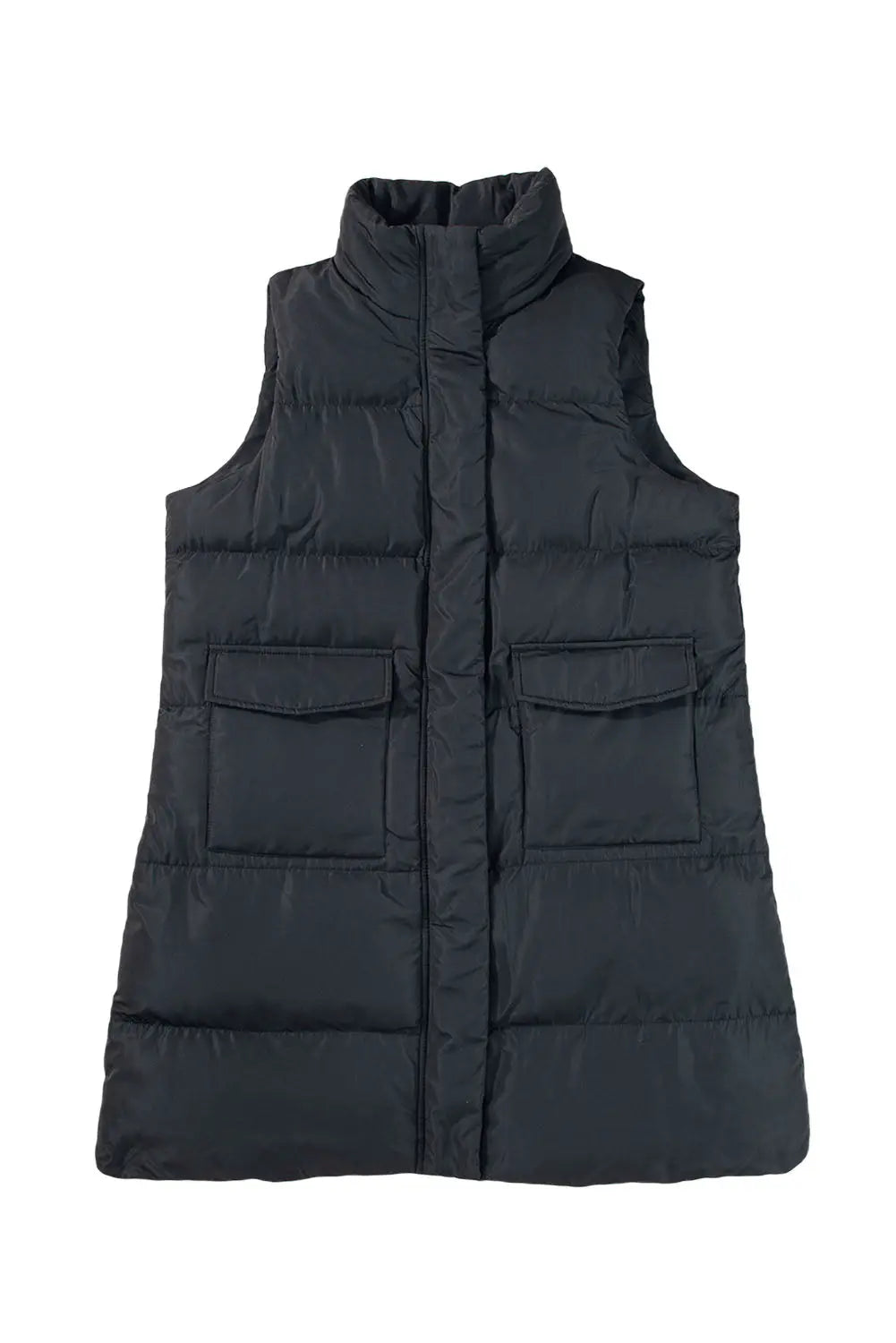 Black Windproof Longline Full Zipper Puffer Gilet with Pockets - BB Fashion Outlet