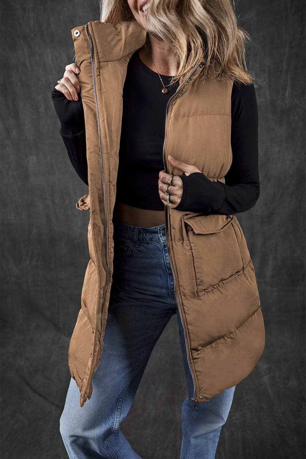 Black Windproof Longline Full Zipper Puffer Gilet with Pockets - BB Fashion Outlet