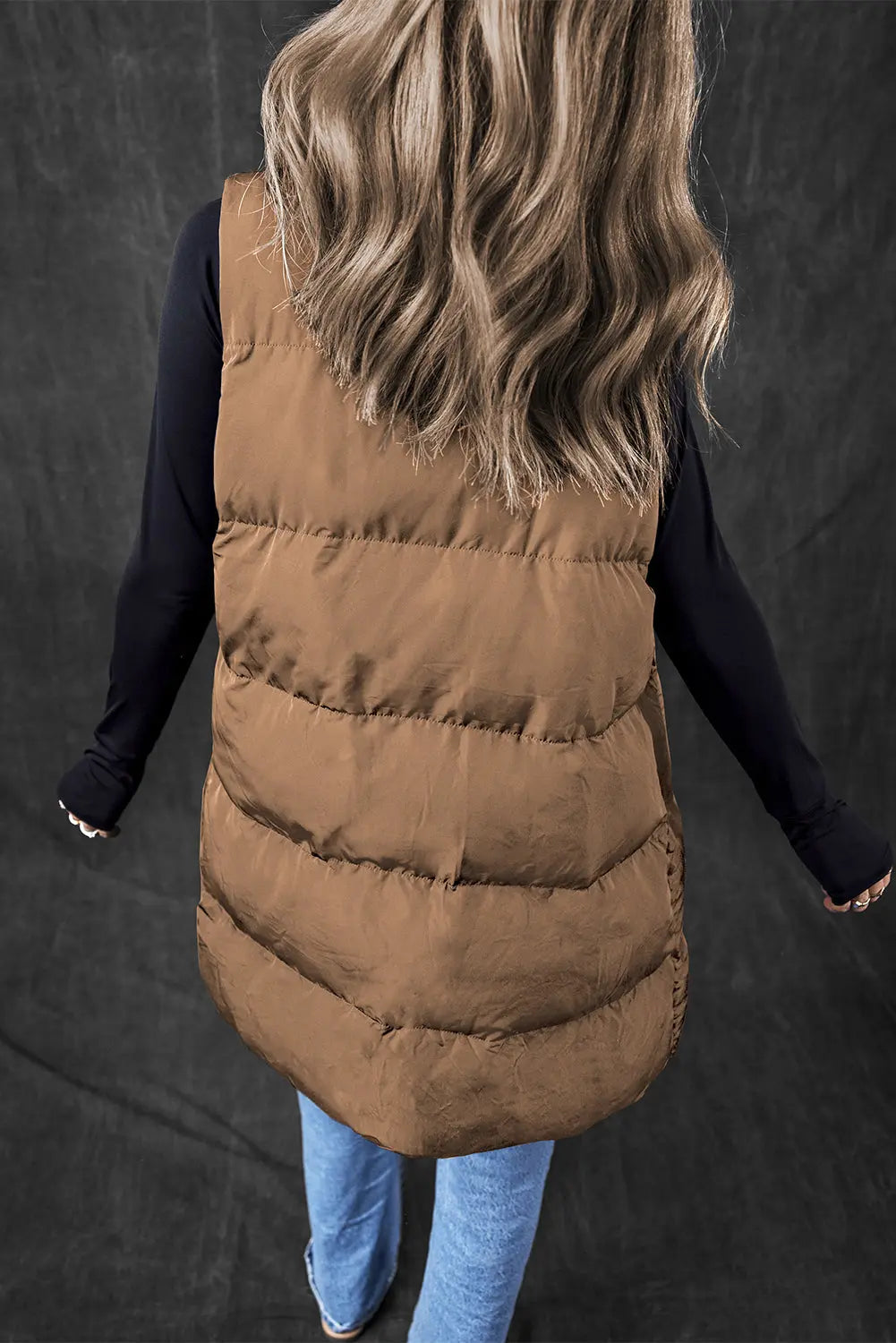 Black Windproof Longline Full Zipper Puffer Gilet with Pockets - BB Fashion Outlet