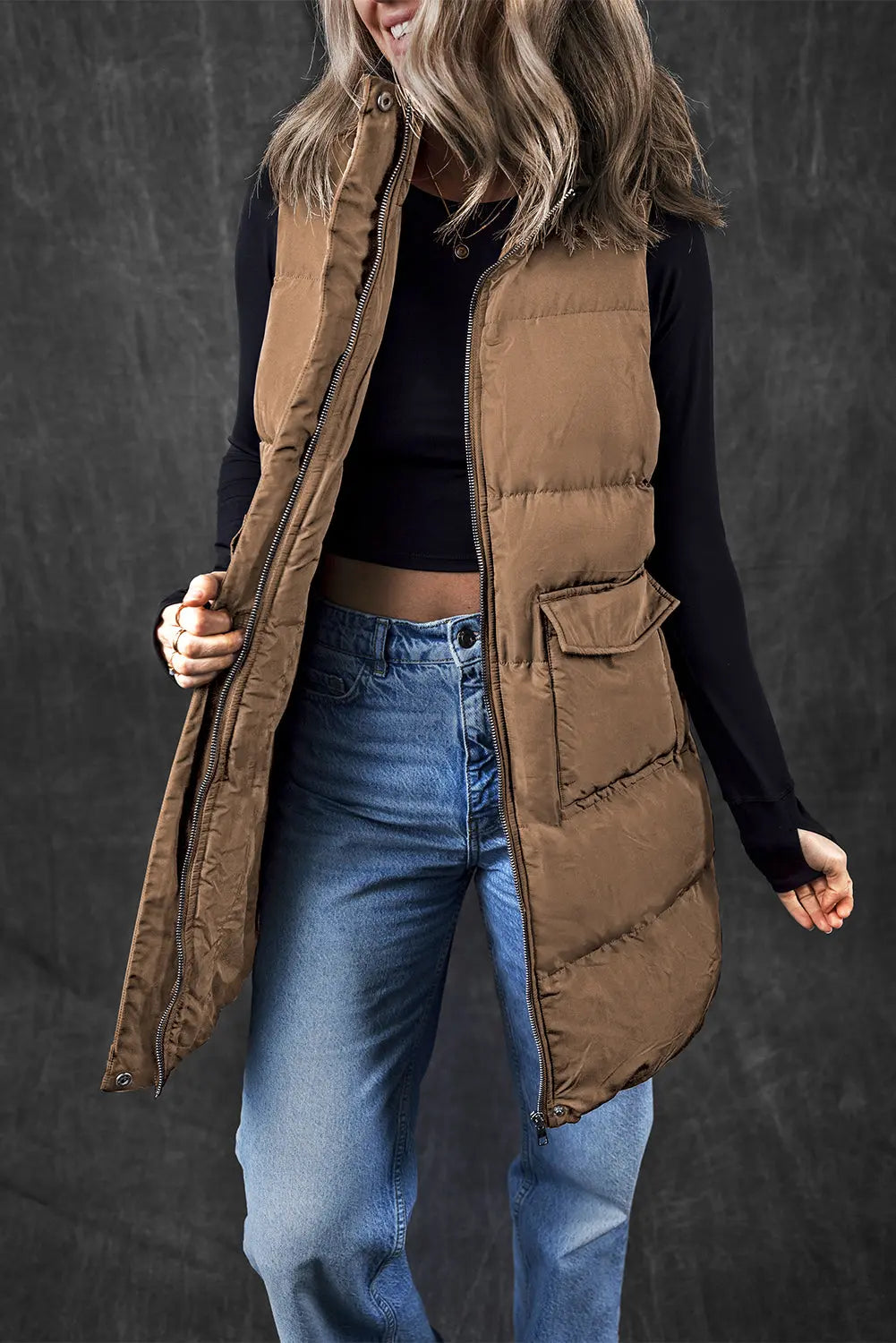 Black Windproof Longline Full Zipper Puffer Gilet with Pockets - BB Fashion Outlet