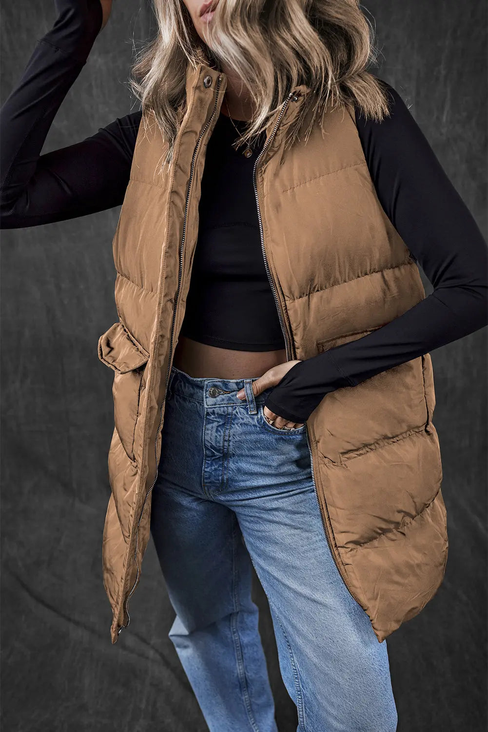 Black Windproof Longline Full Zipper Puffer Gilet with Pockets - BB Fashion Outlet