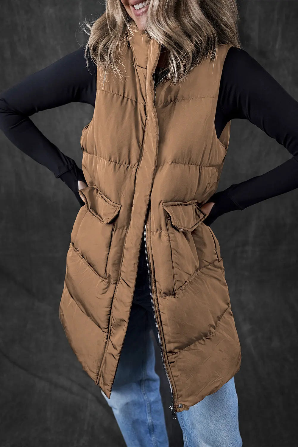 Black Windproof Longline Full Zipper Puffer Gilet with Pockets - BB Fashion Outlet