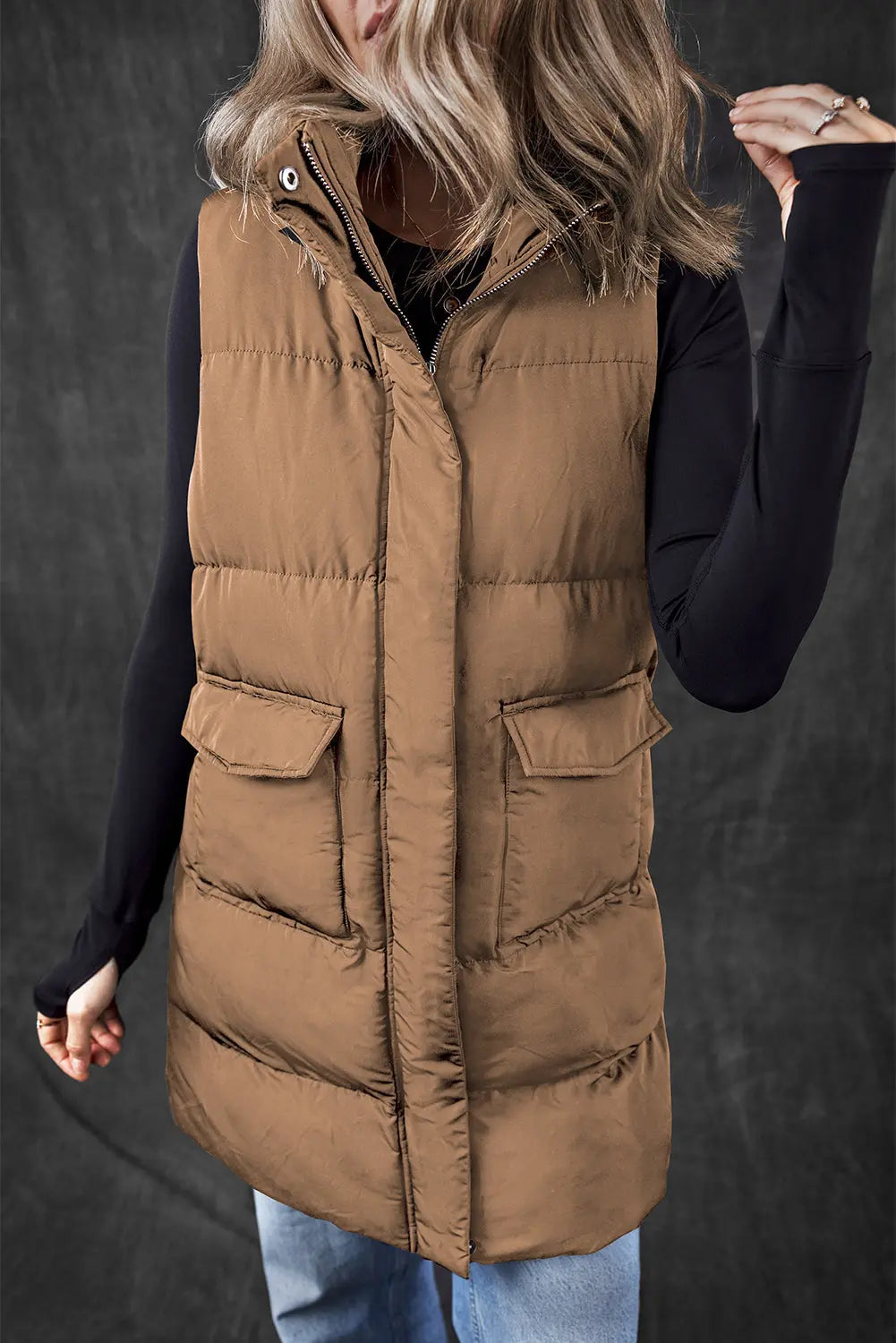 Black Windproof Longline Full Zipper Puffer Gilet with Pockets - BB Fashion Outlet