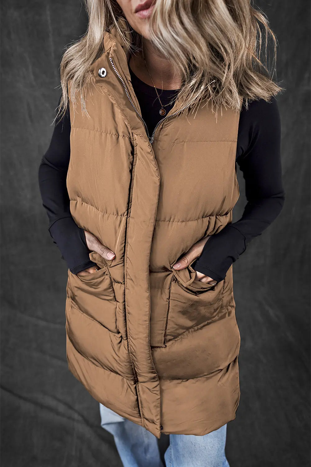 Black Windproof Longline Full Zipper Puffer Gilet with Pockets - BB Fashion Outlet