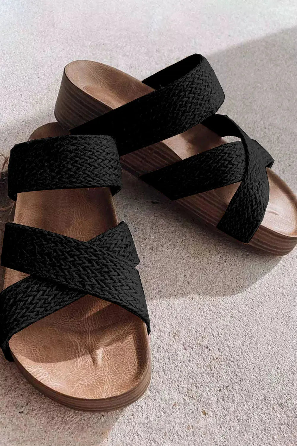 Black Woven Criss Cross Strap Platform Slides Sandals - eAura
