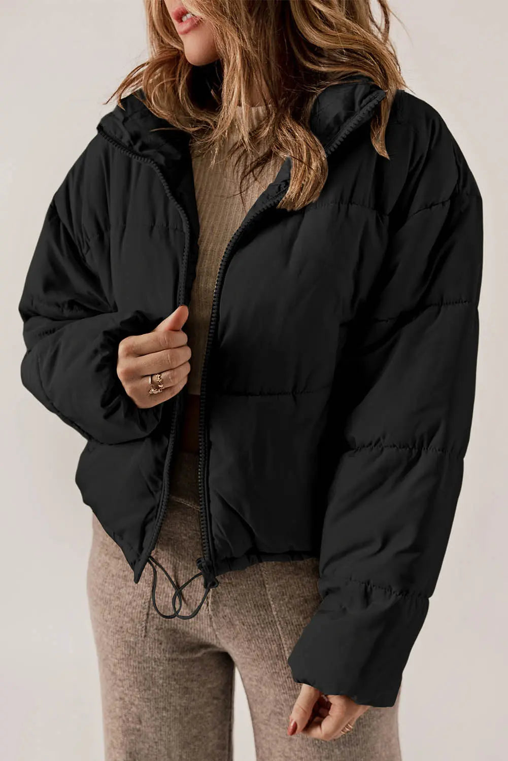 Black Zip Up Drawstring Hem Puffer Coat - eAura