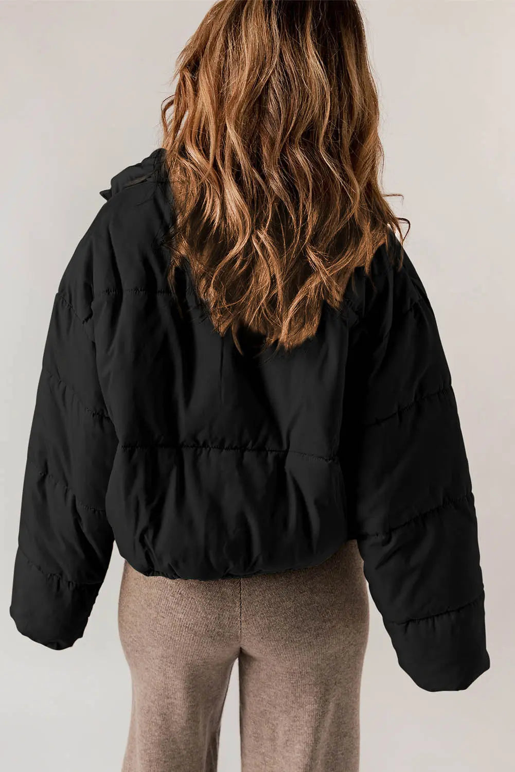 Black Zip Up Drawstring Hem Puffer Coat - eAura