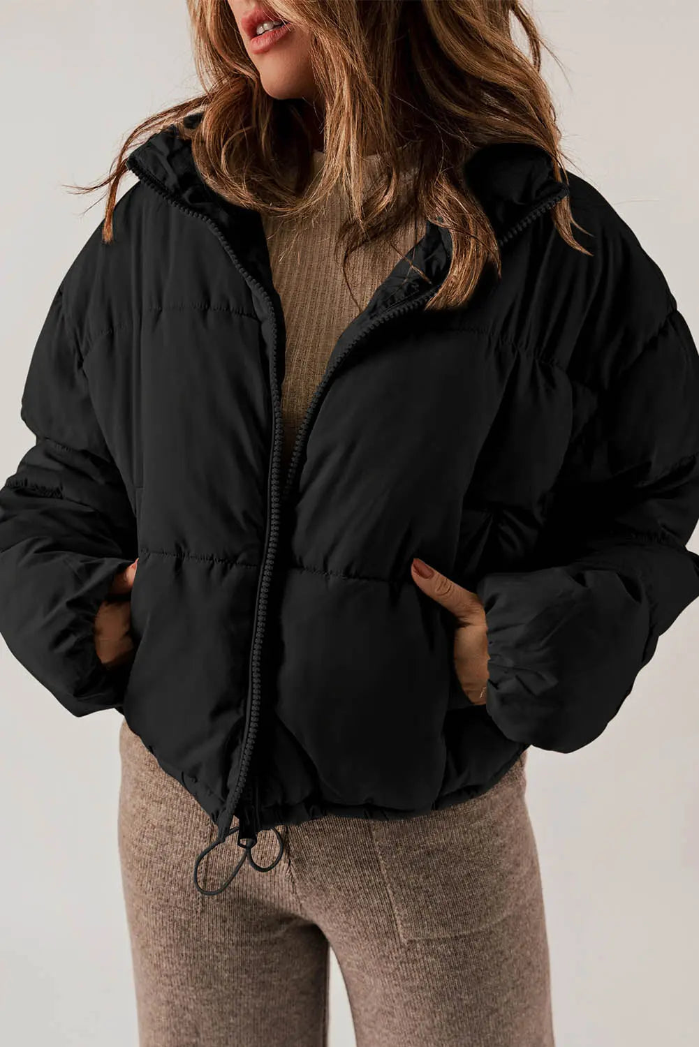 Black Zip Up Drawstring Hem Puffer Coat - eAura