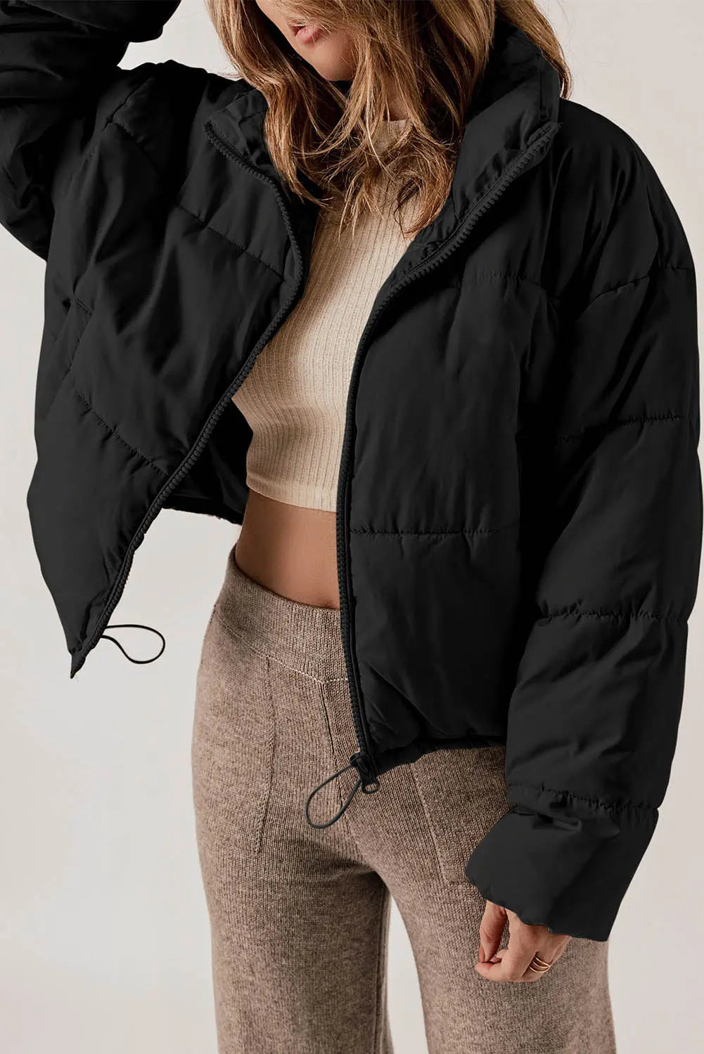 Black Zip Up Drawstring Hem Puffer Coat - eAura