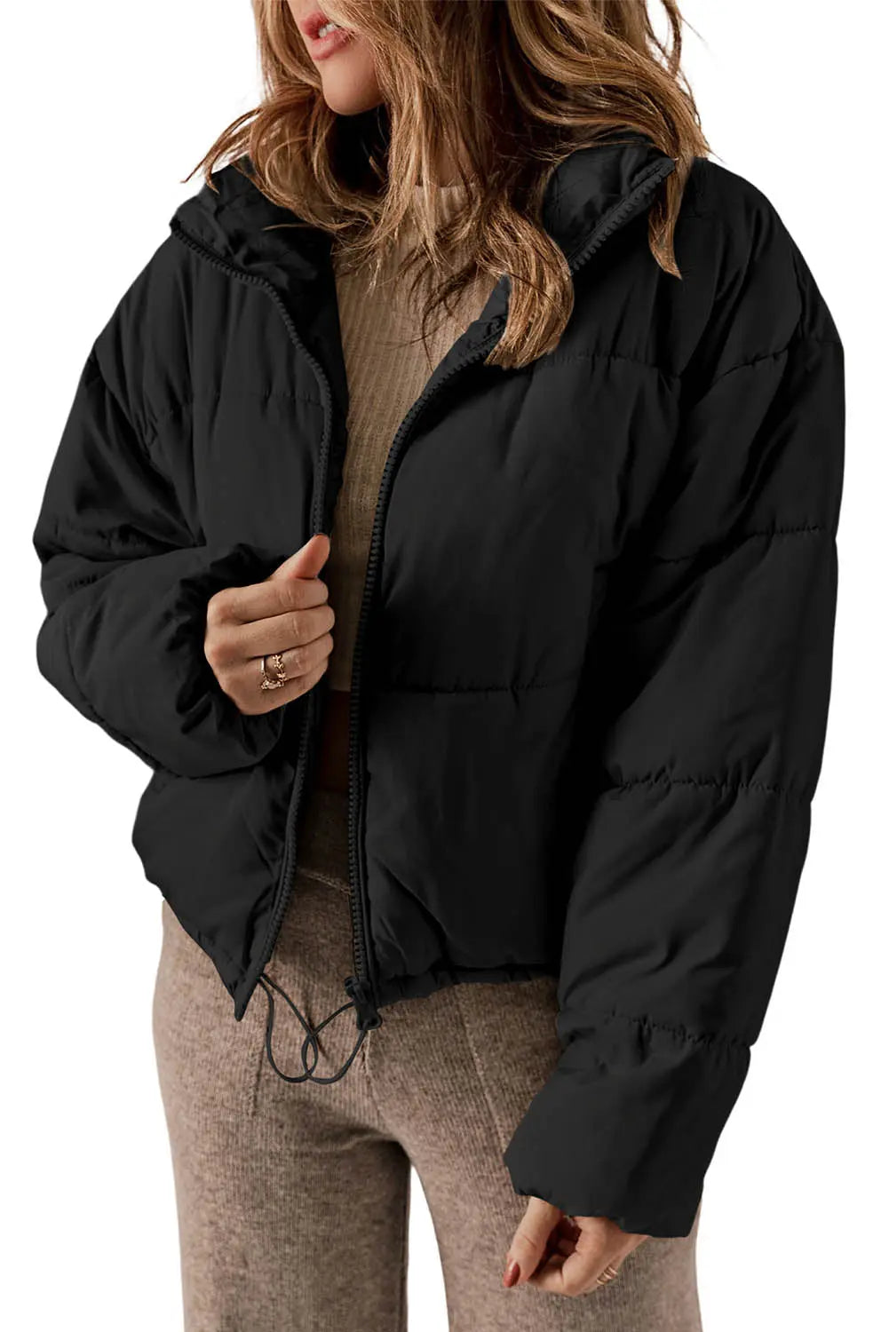 Black Zip Up Drawstring Hem Puffer Coat - eAura