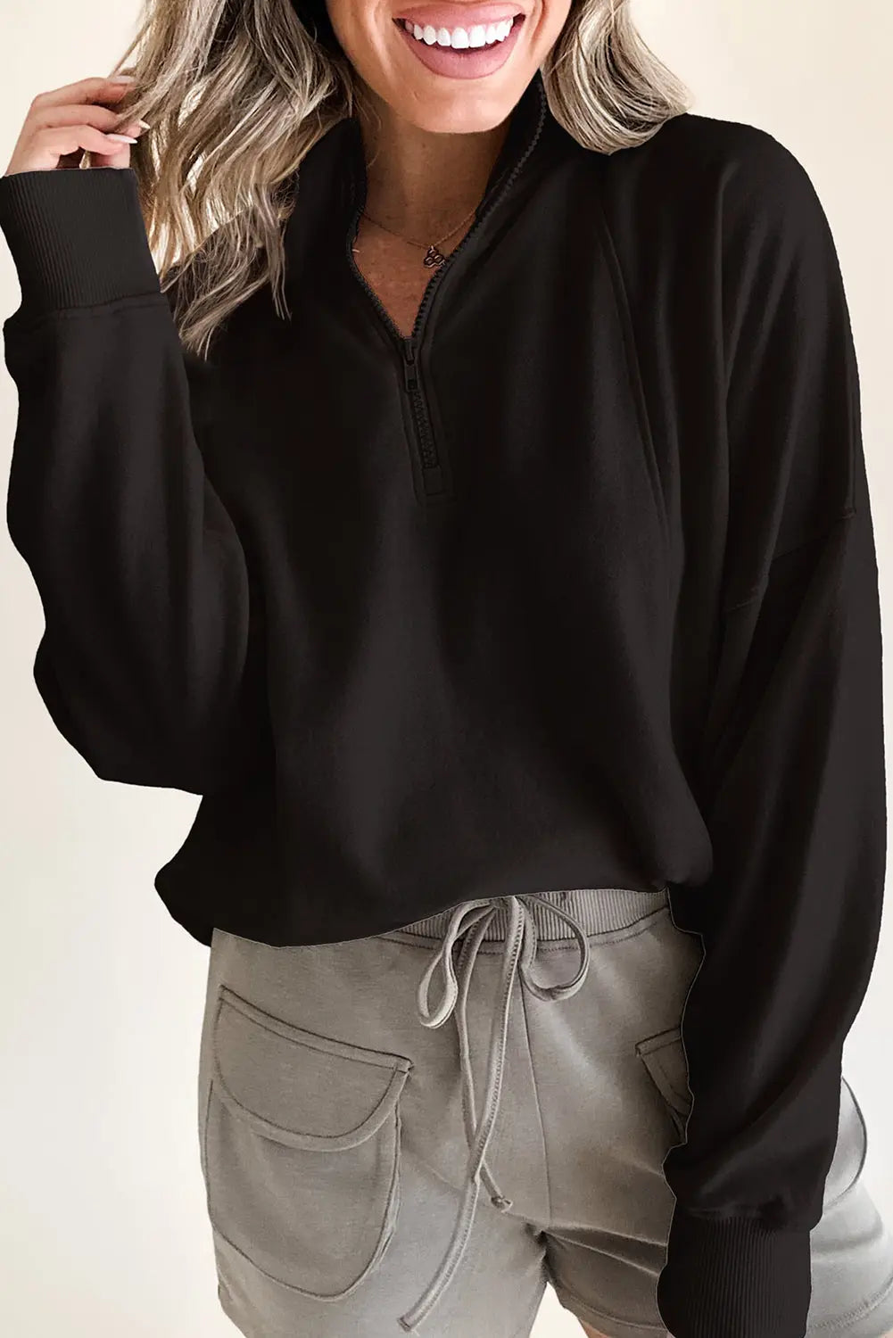 Black Zipped Neck Pullover Drop Shoulder Sweatshirt Beagle Boutique Fashion Outlet