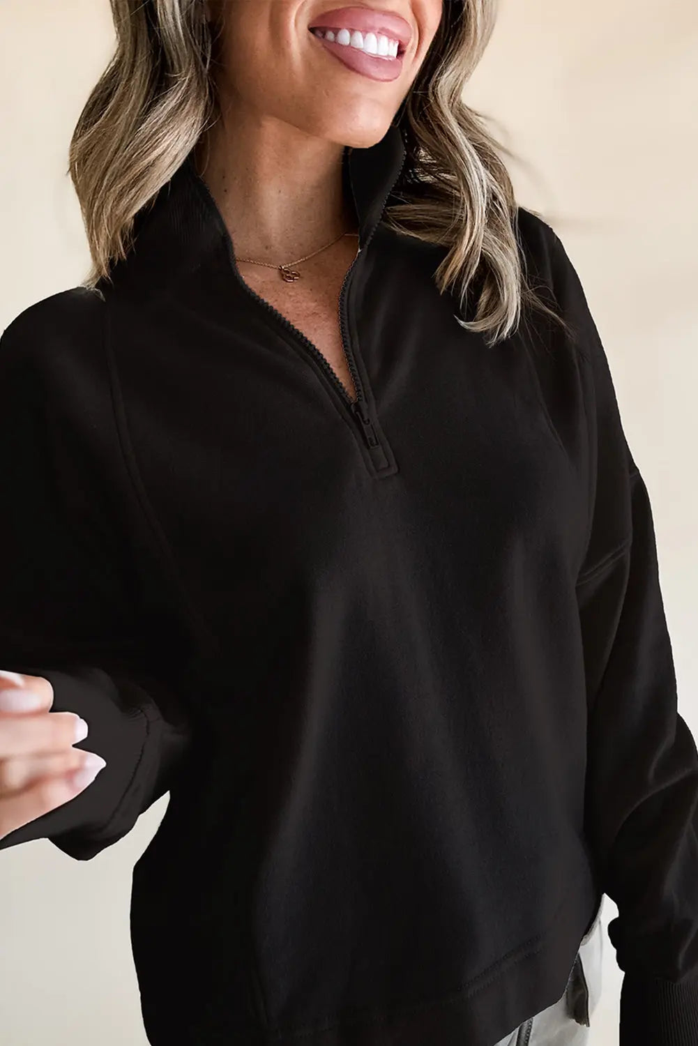 Black Zipped Neck Pullover Drop Shoulder Sweatshirt Beagle Boutique Fashion Outlet